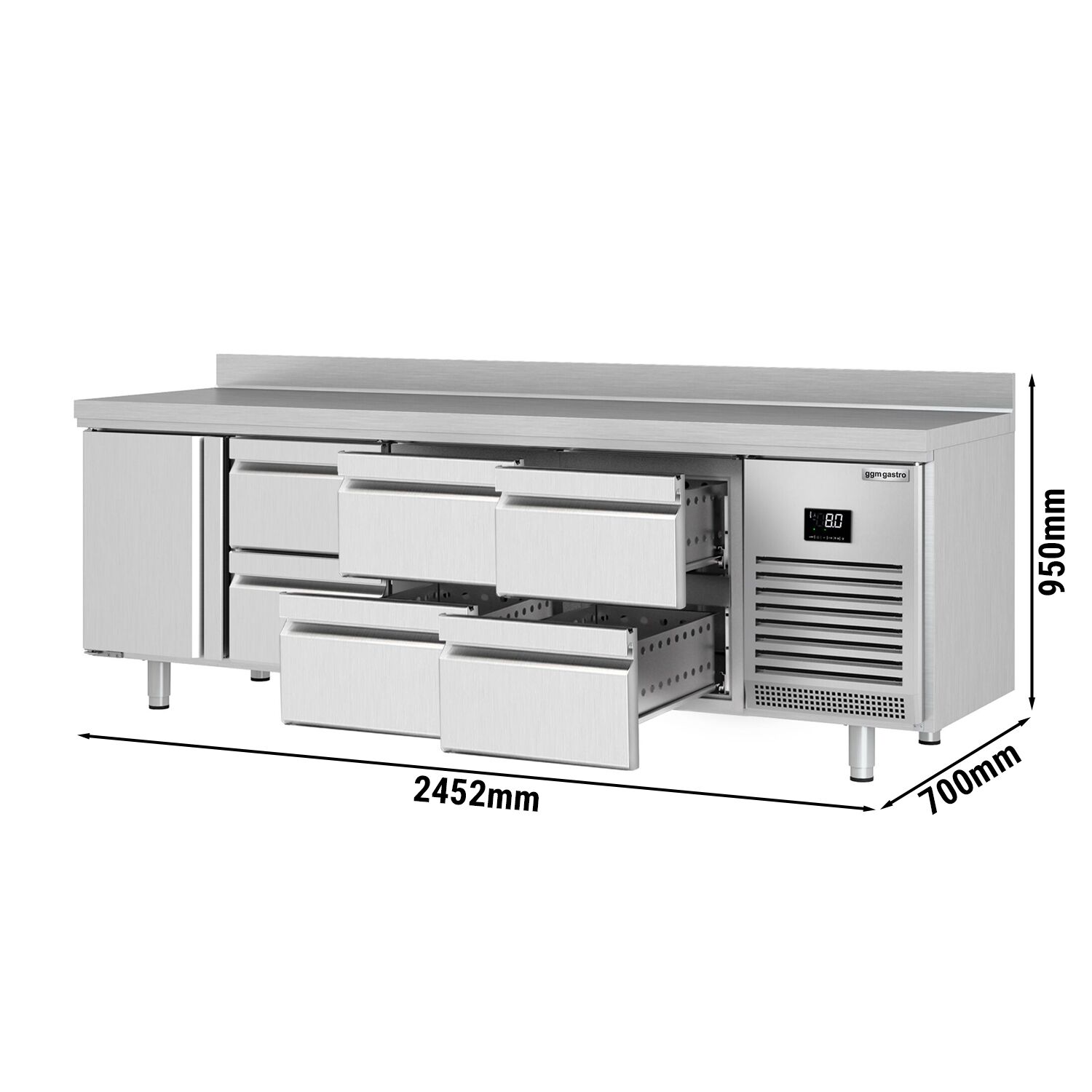 Table réfrigérée Premium PLUS - 2452 x 700 mm - avec 1 porte - 6 tiroirs - avec dosseret