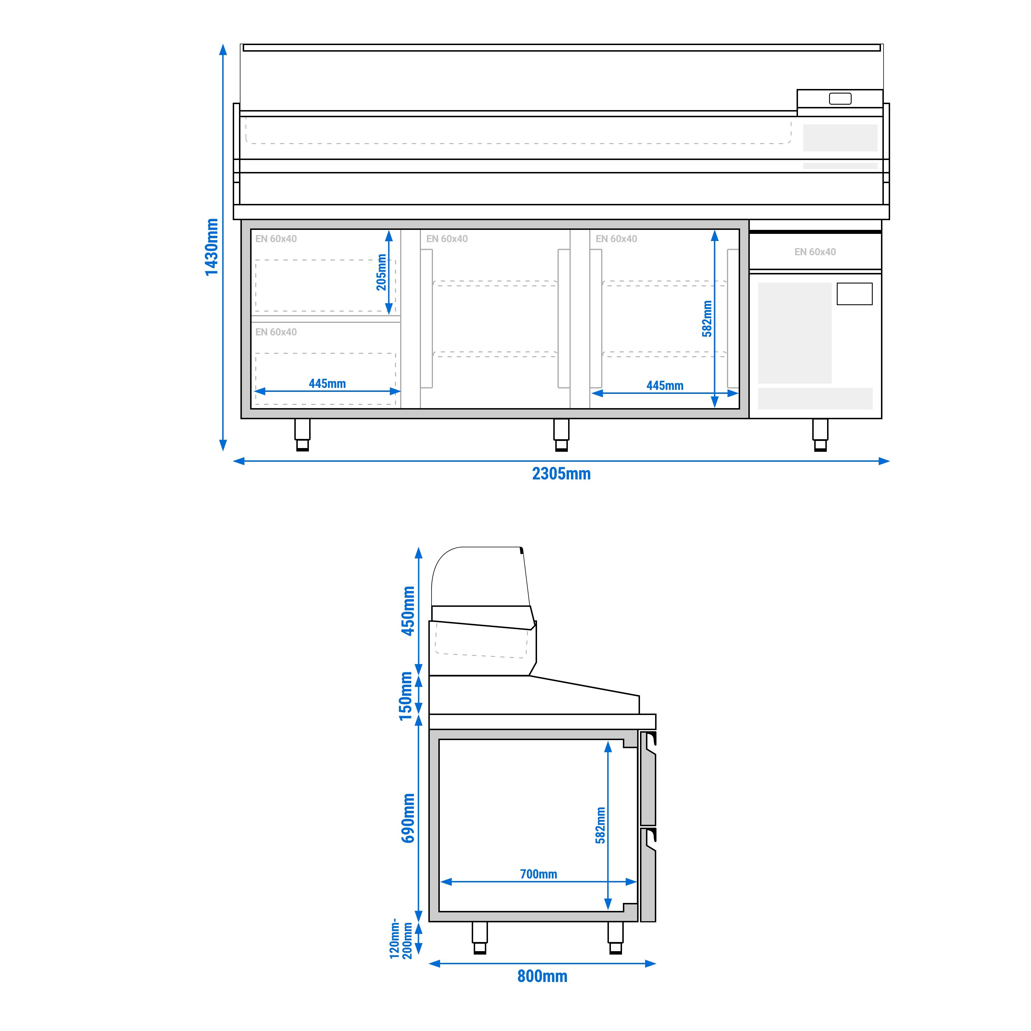 Table réfrigérée à pizza Premium PLUS - 2305 x 800 mm - avec 2 portes & 3 tiroirs - incl. vitrine réfrigérée de présentation - 10x GN 1/3