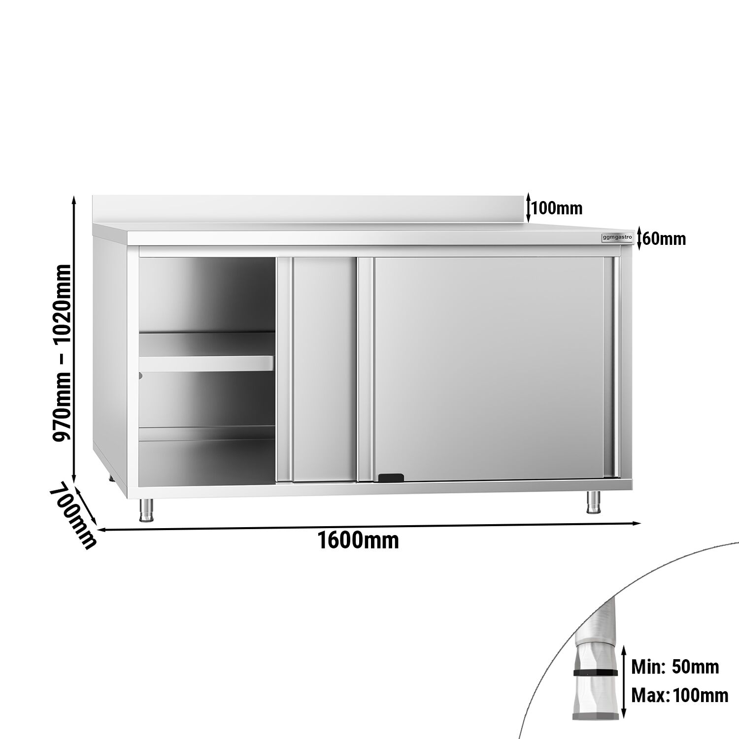 Table armoire en acier inoxydable PREMIUM - 1600x700mm - avec portes coulissantes - avec dosseret