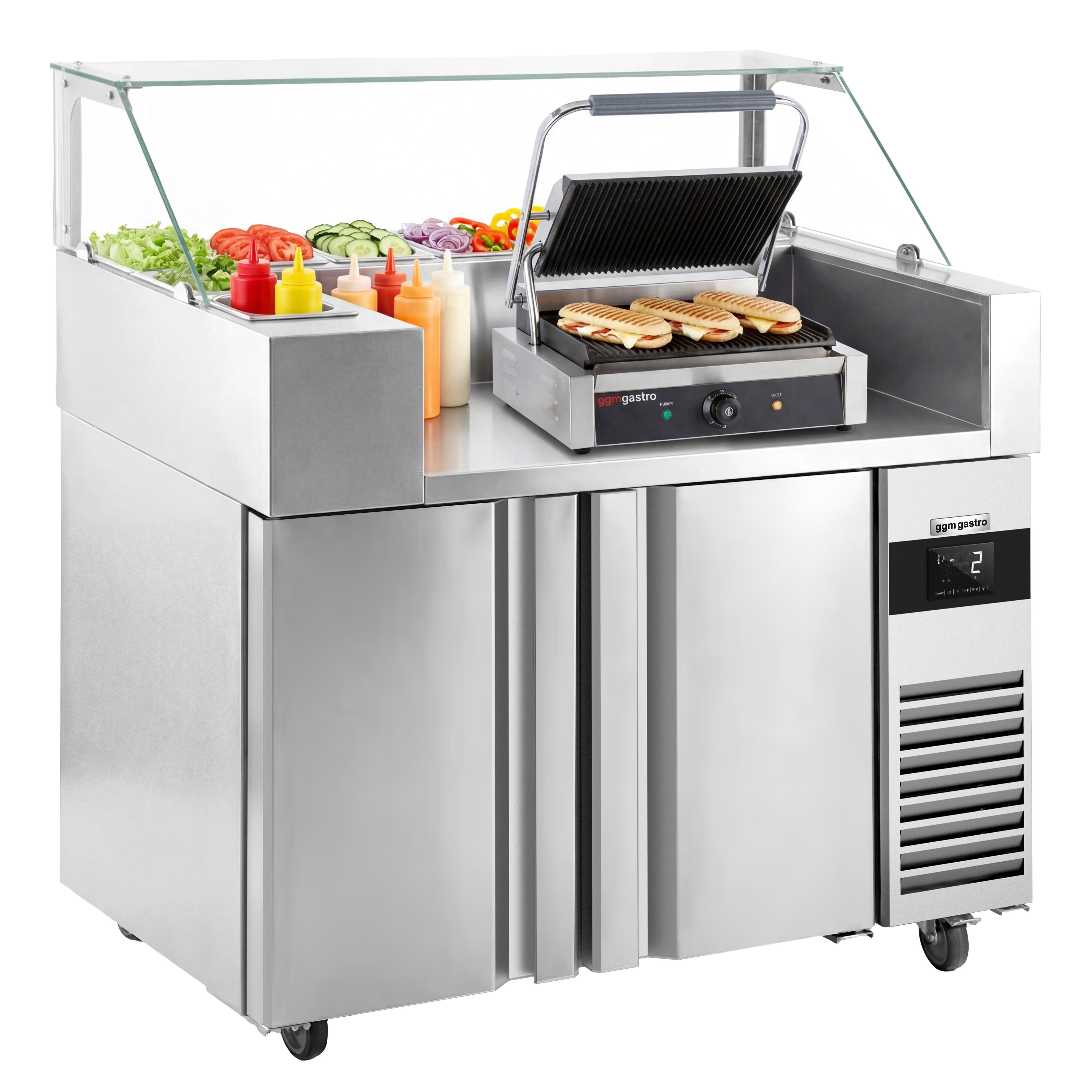 Table de préparation – 1210 mm – 2 portes – pour 9 bacs GN 1/6 – incl. grill de contact