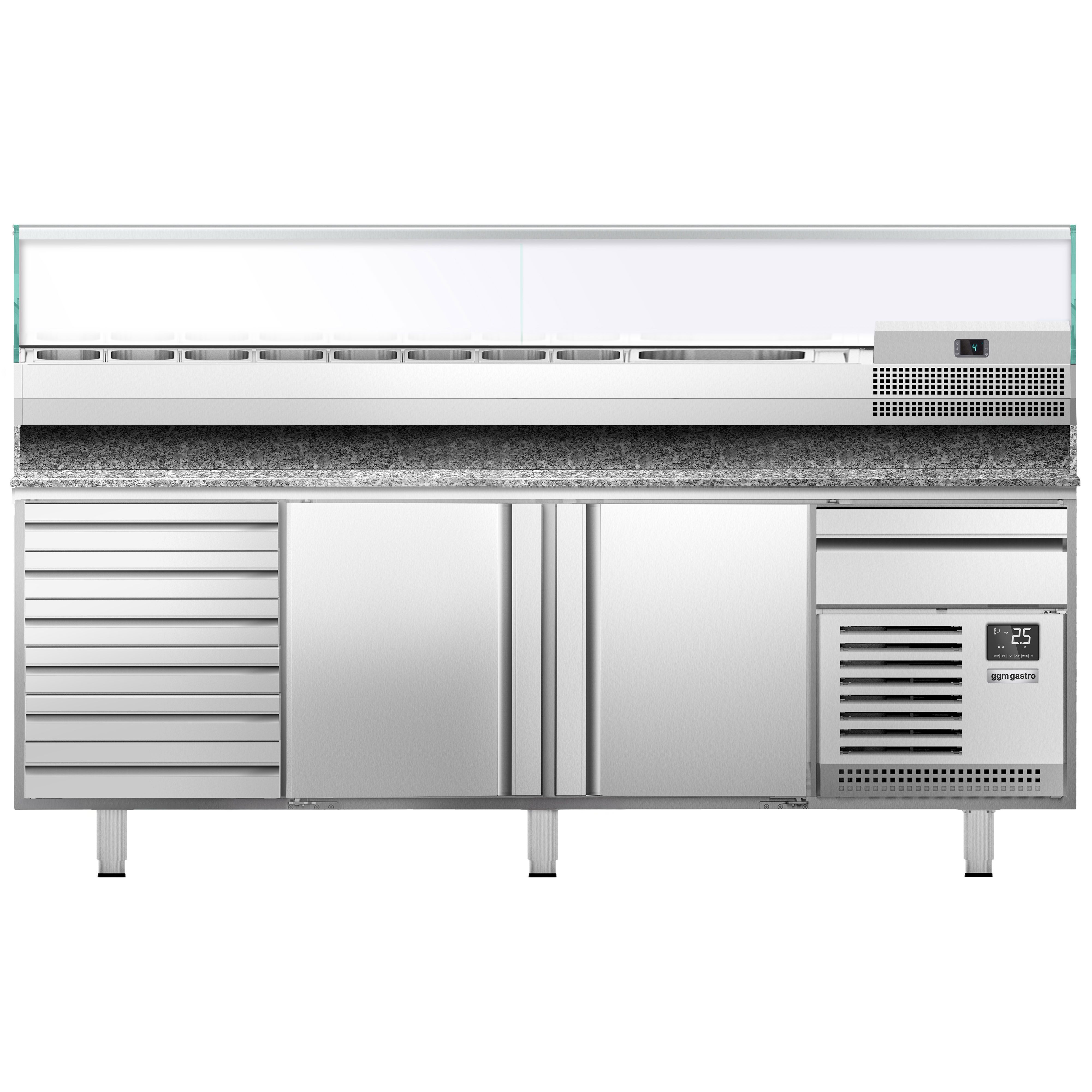 Table réfrigérée à pizza Premium PLUS - 2305 x 800 mm - avec 2 portes & 7 tiroirs - incl. vitrine réfrigérée de présentation - 10x GN 1/3