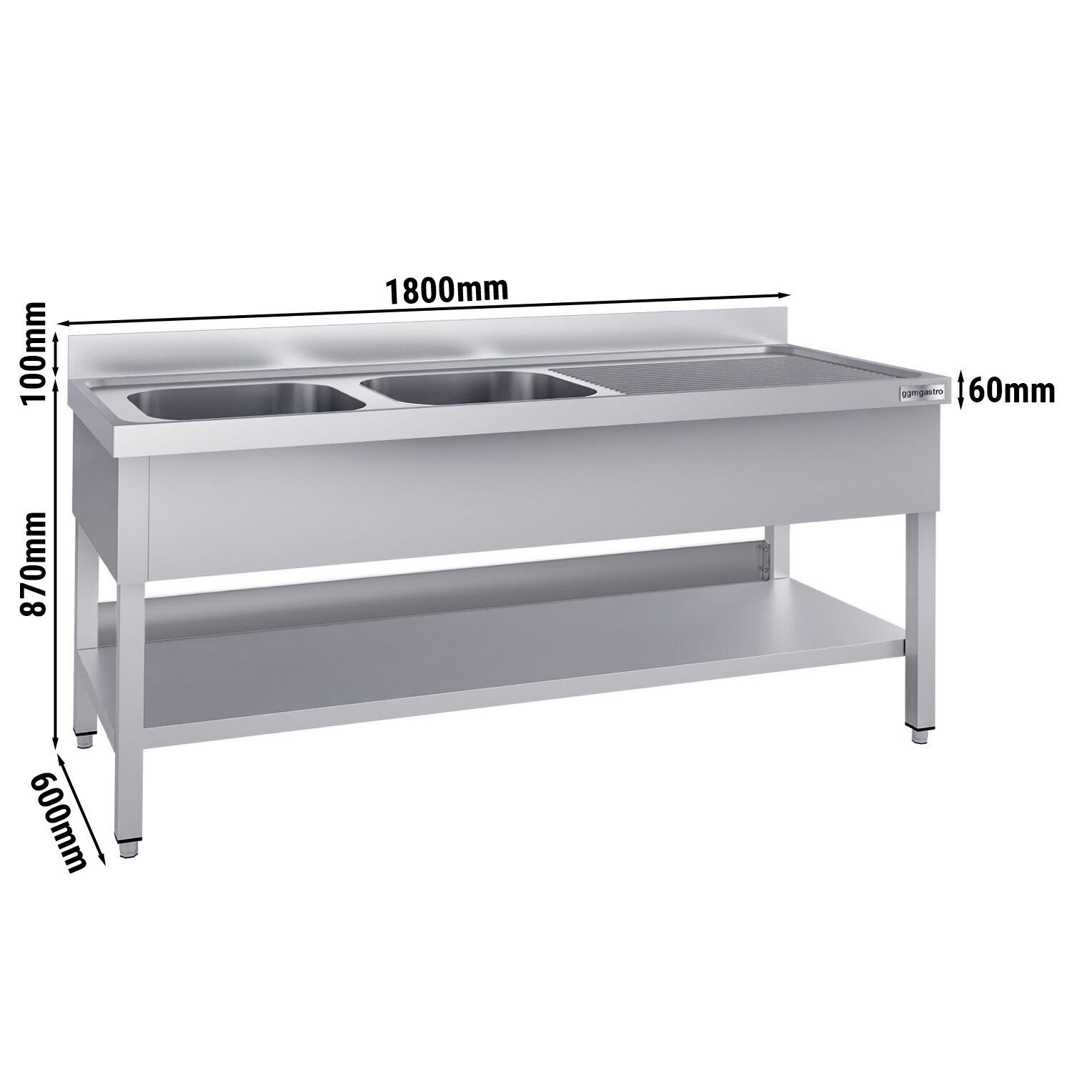 Plonge en inox ECO - 1800x600mm - avec étagère basse - 2 bacs à gauche