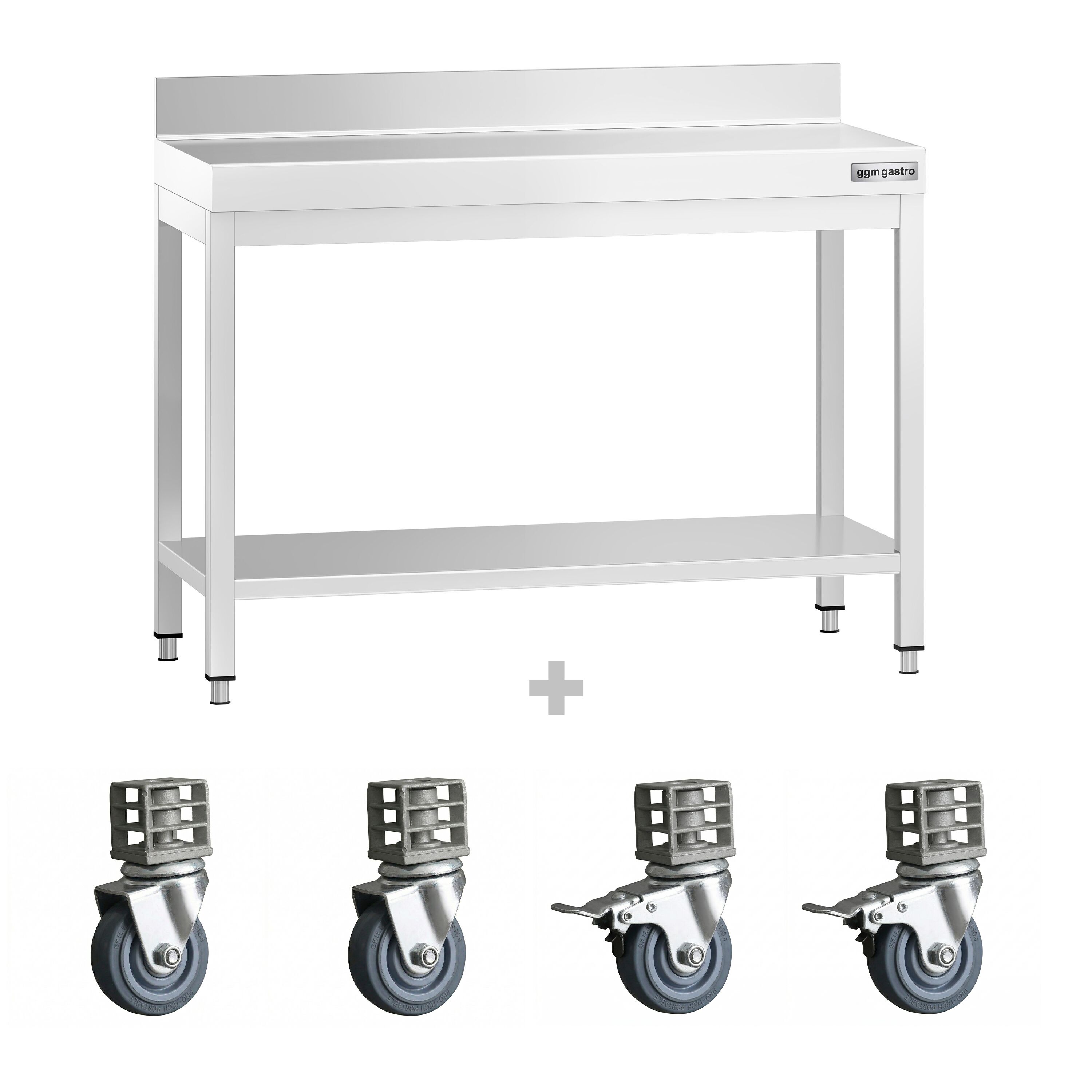 Table de travail en inox PREMIUM - 1000 x 600 mm - avec tablette inférieure, dosseret et roulettes