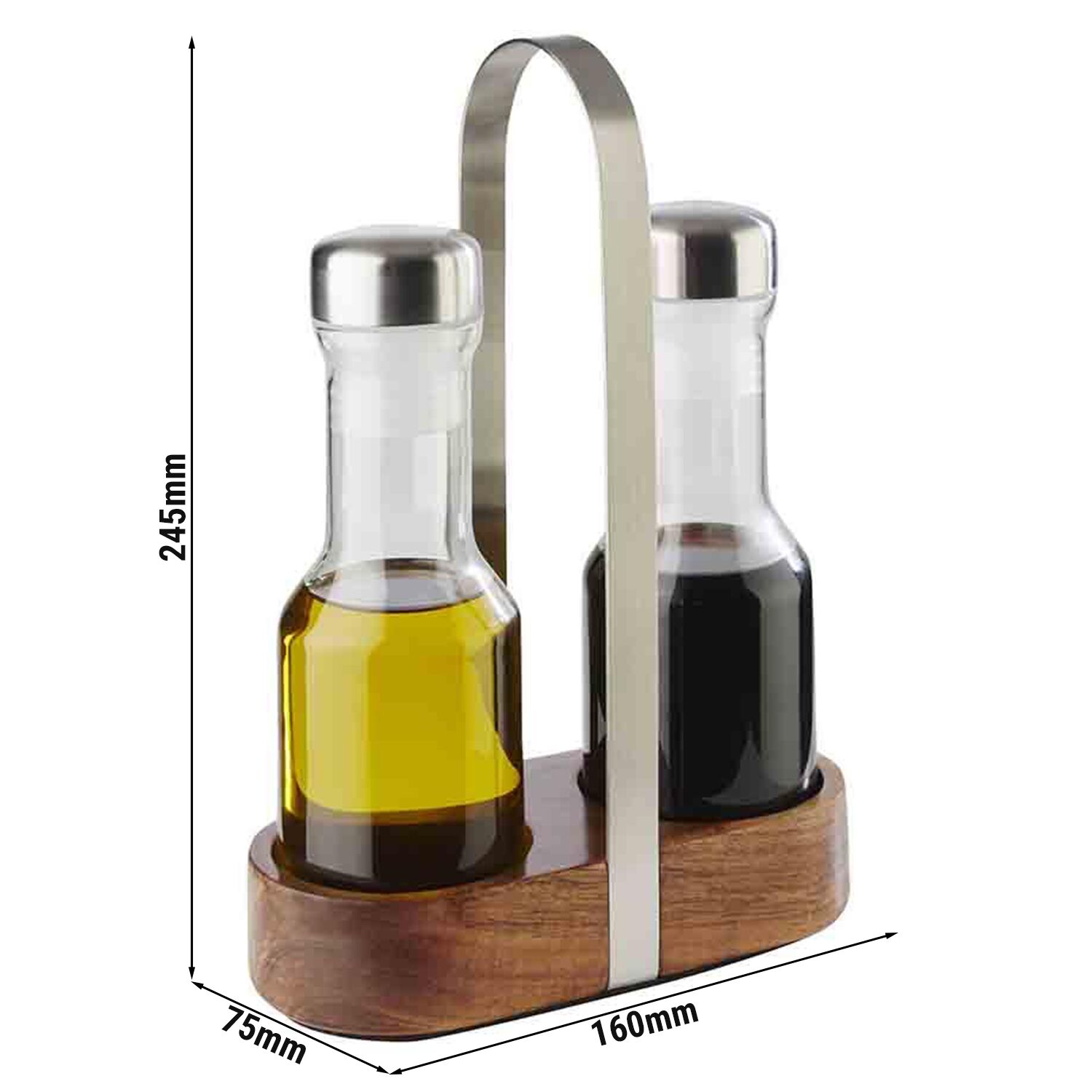 (6 st) Olja- och vinägerset - WOOD - 2-delars - i ställ - glas; lock i rostfritt stål - inkl. 2 olje- och vinägerflaskor