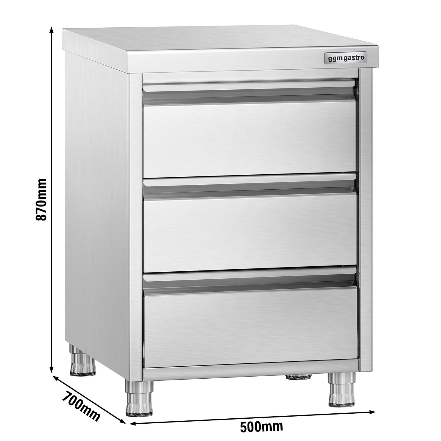 Meuble bas à tiroirs PREMIUM - Acier inoxydable - avec 3 tiroirs - 500x700mm