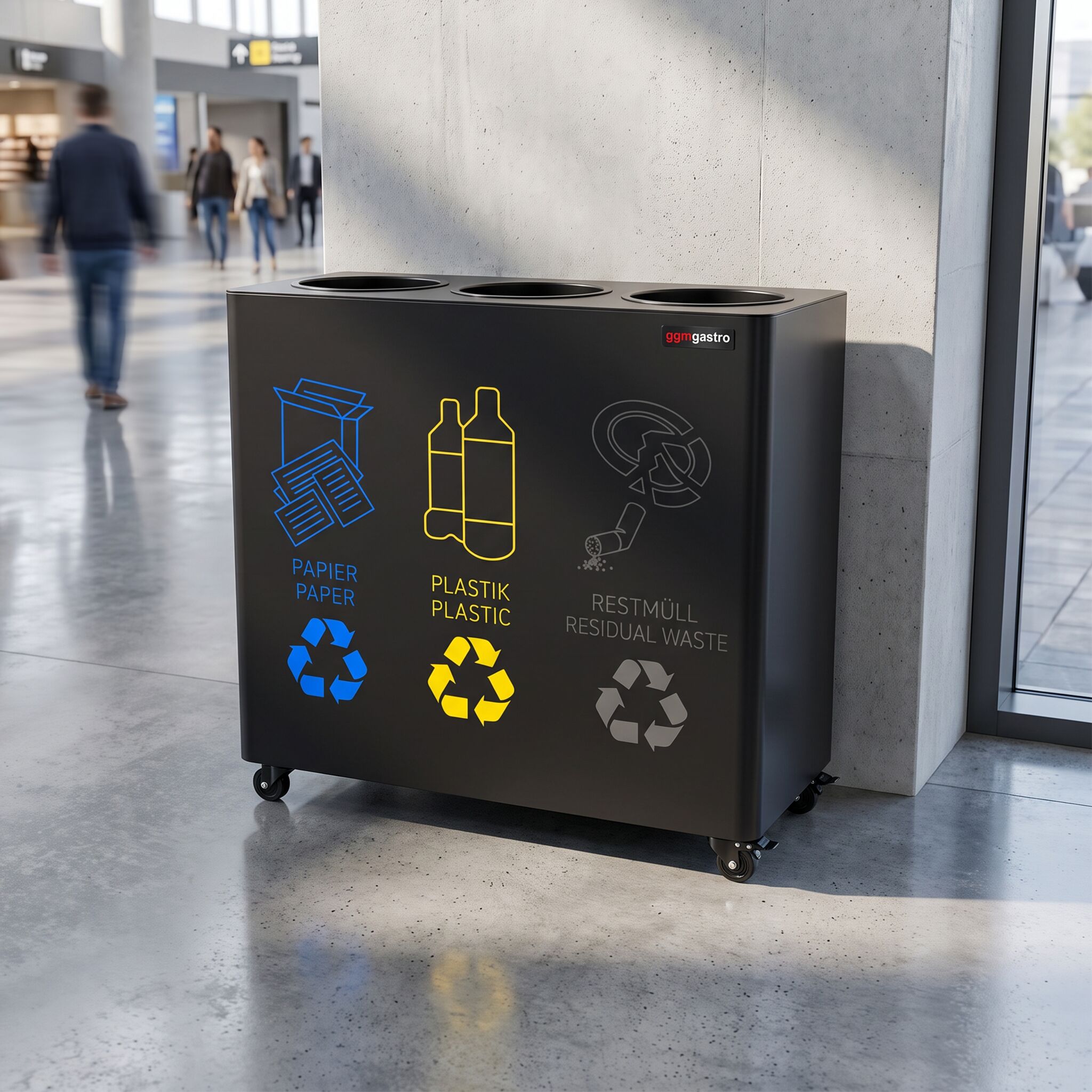 Waste sorting system – 3 bins, 30 litres each – Black – with 4 castors