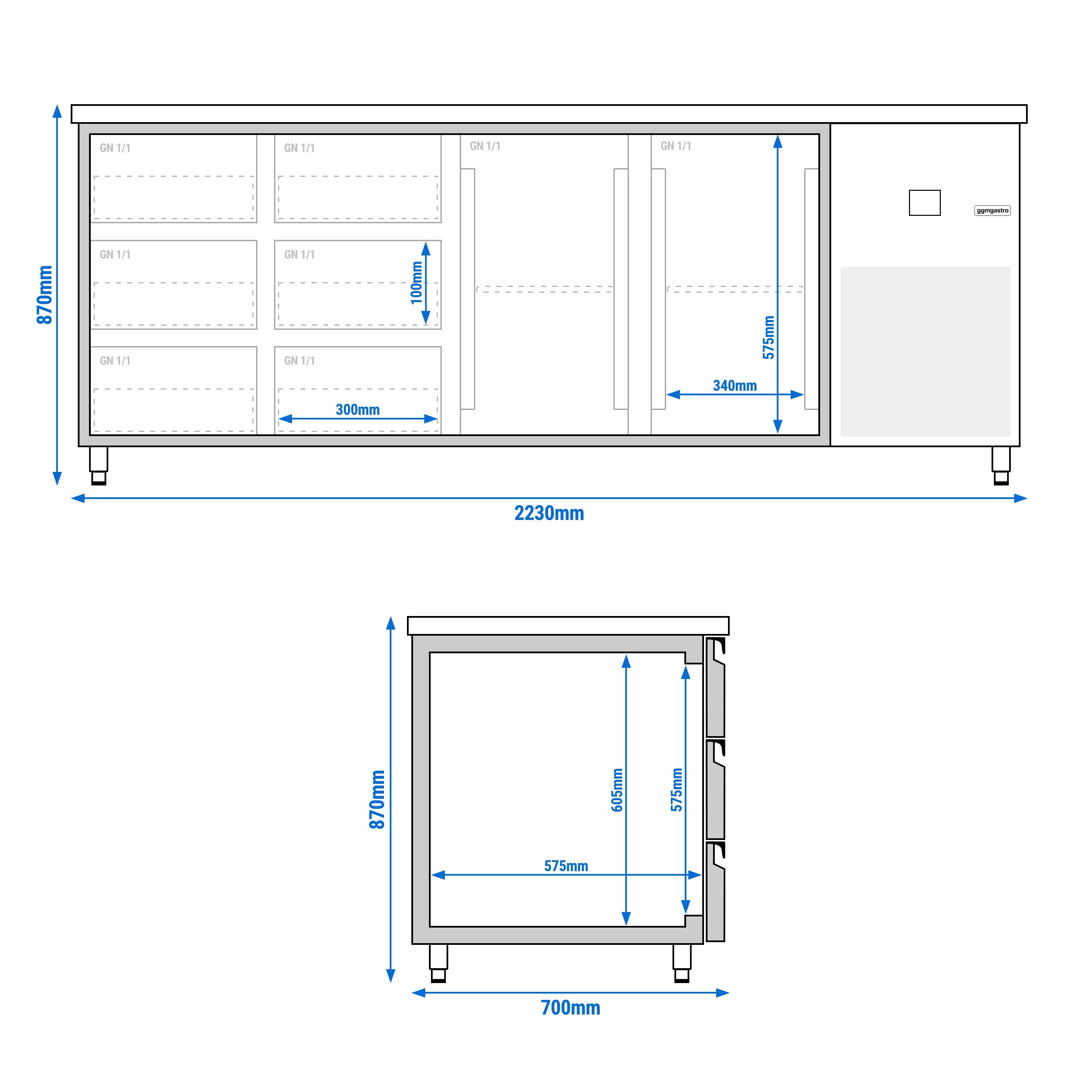Table réfrigérée PREMIUM - 2330 x 700 mm - avec 2 portes - 6 tiroirs
