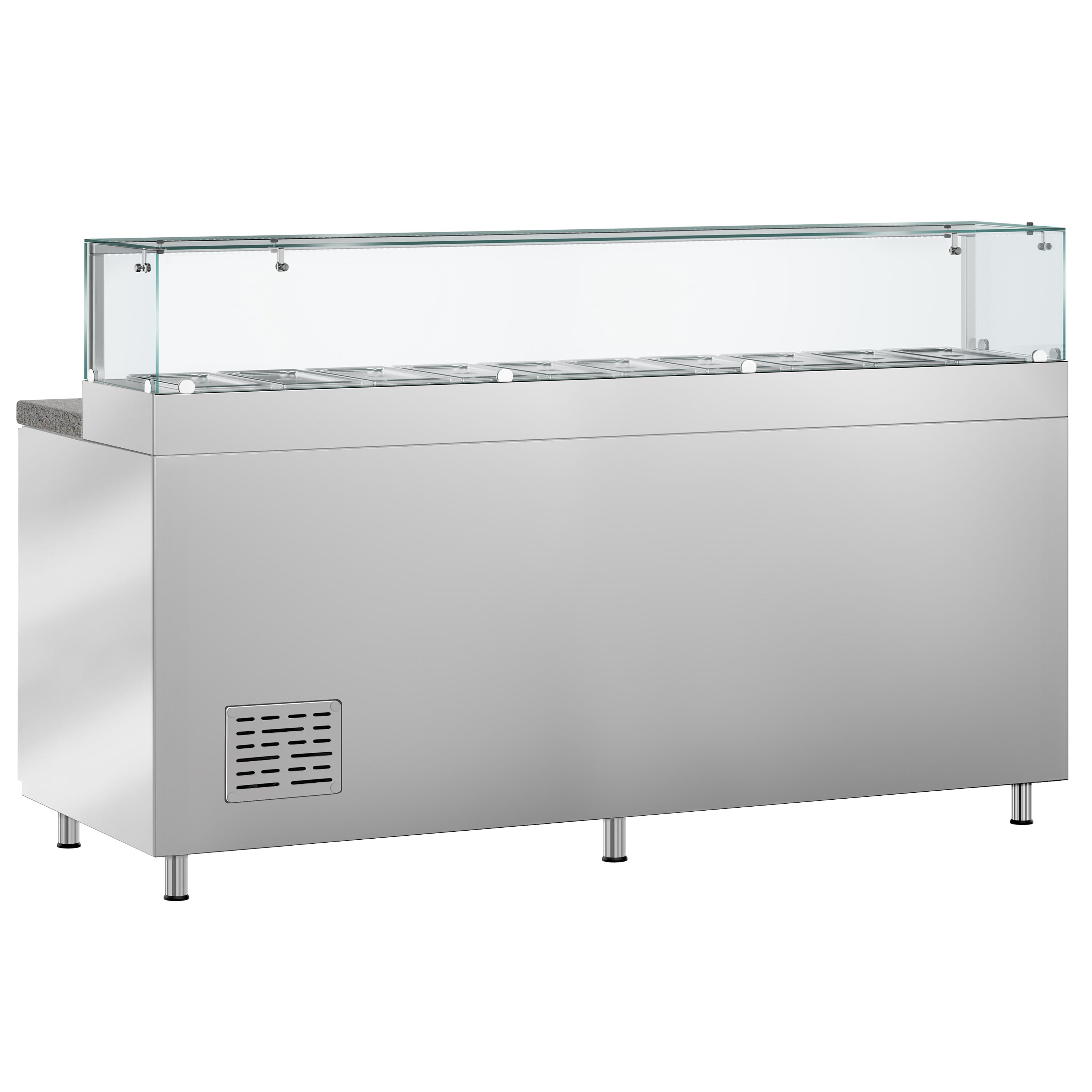 Saladette réfrigérée PREMIUM - 2020mm - 3 portes - avec vitrine de comptoir pour 10x GN 1/3 & 1 étagère - plan de travail en granit noir