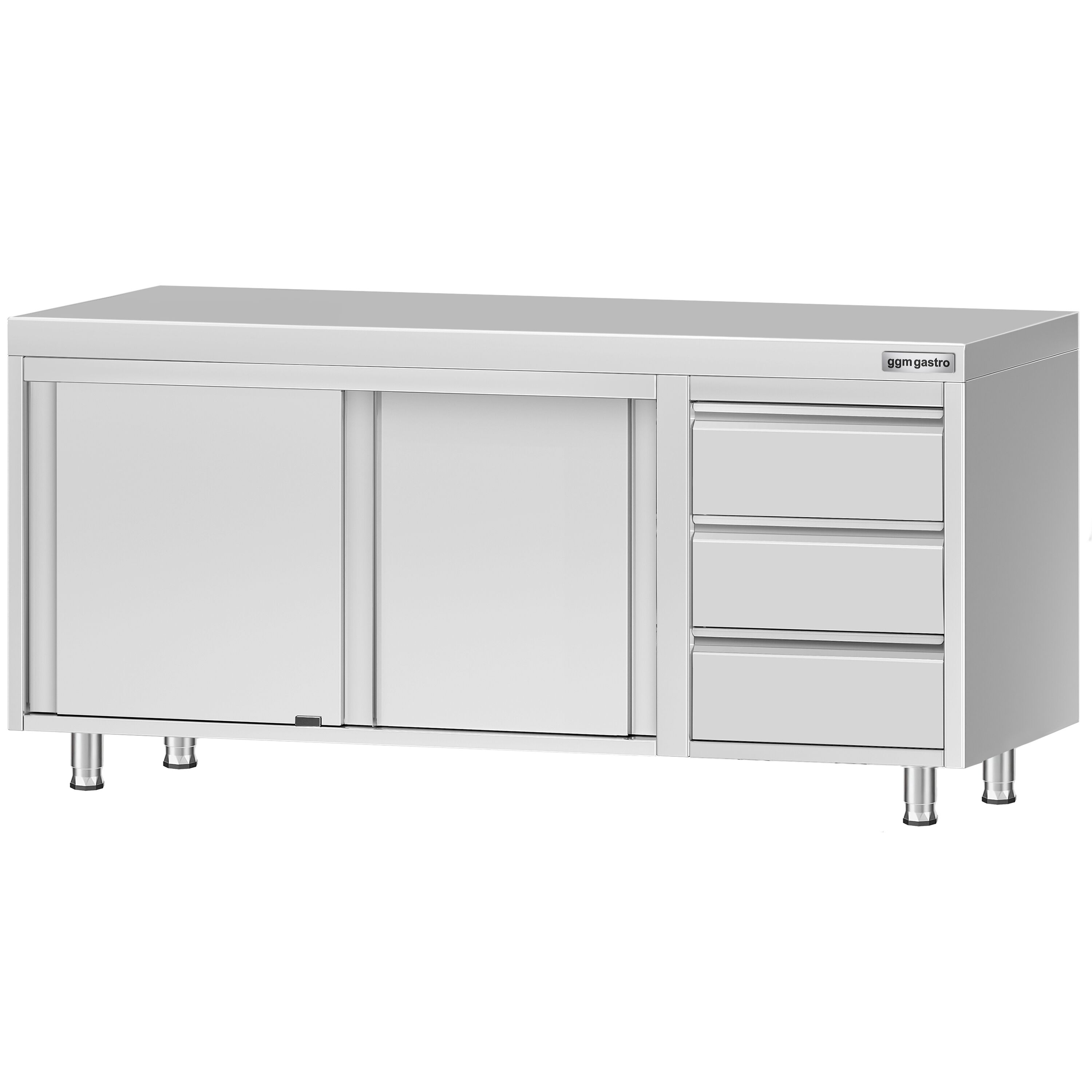 Table armoire en acier inoxydable ECO - 1800x600mm - avec portes coulissantes et 3 tiroirs à droite et étagère basse