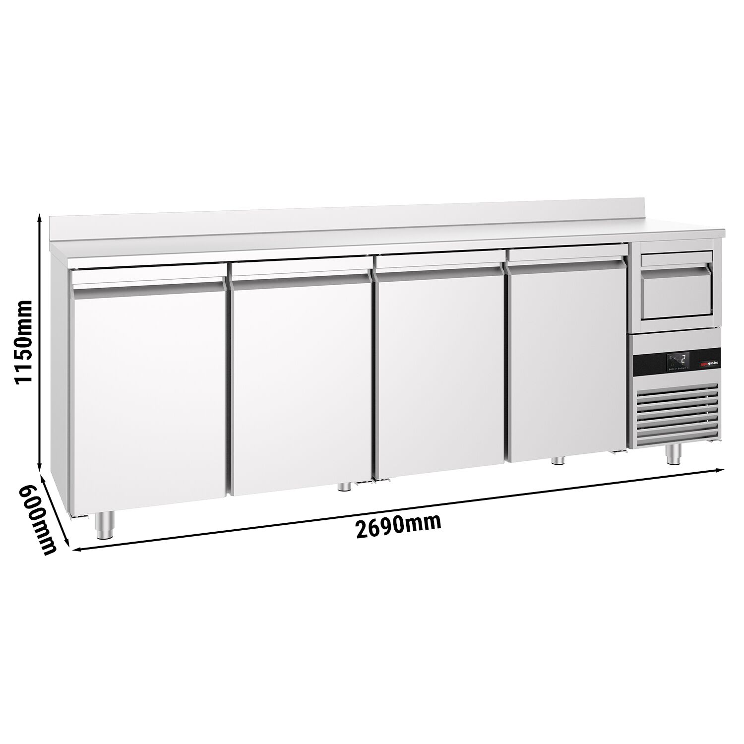 Arrière-bar réfrigéré professionnel  PREMIUM - 2690 x 600 mm - avec 4 portes - avec dosseret - avec tiroir à marc de café