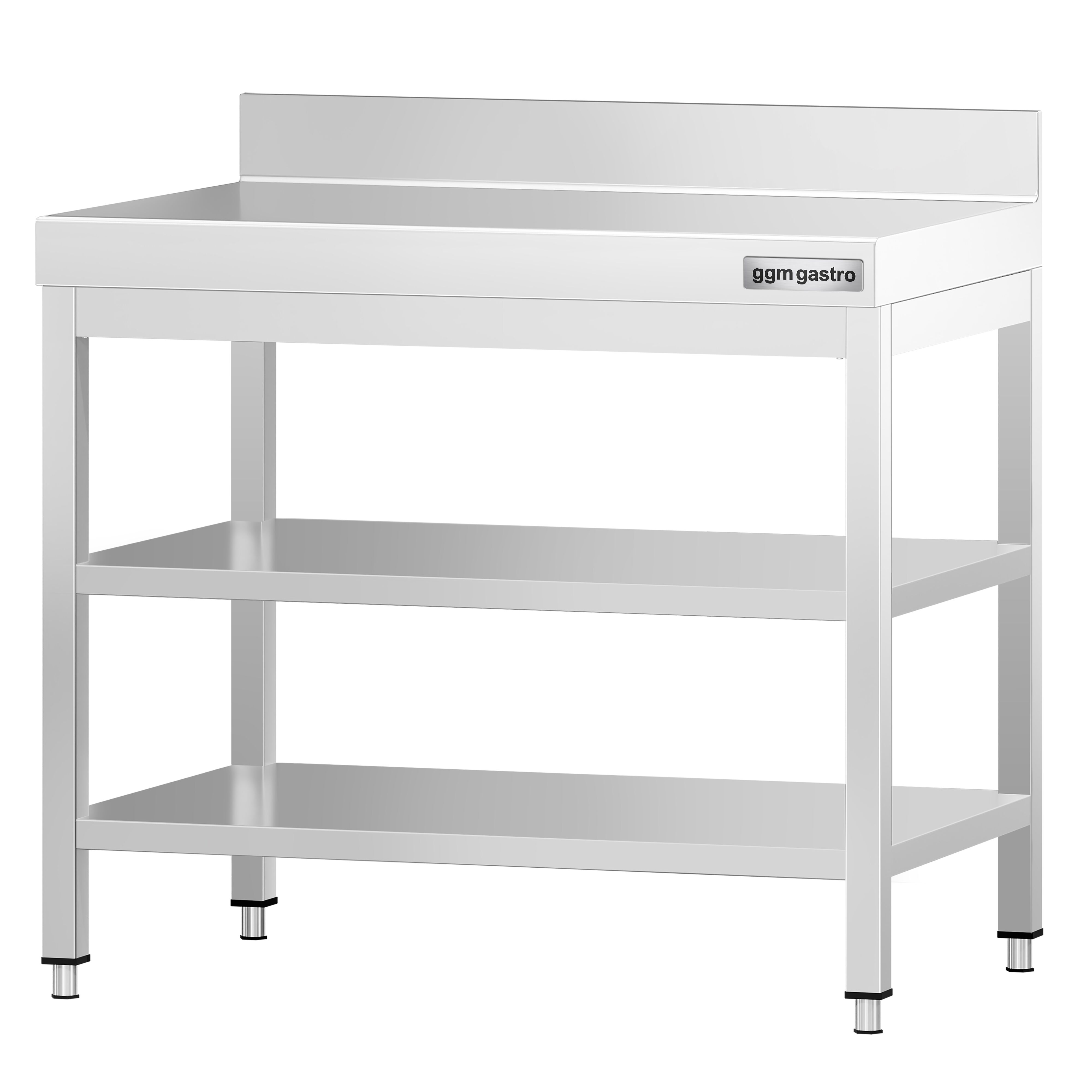 Table de travail inox PREMIUM - 700 x 600 mm - avec tablette inférieure, Dosseret & Tablette intermédiaire