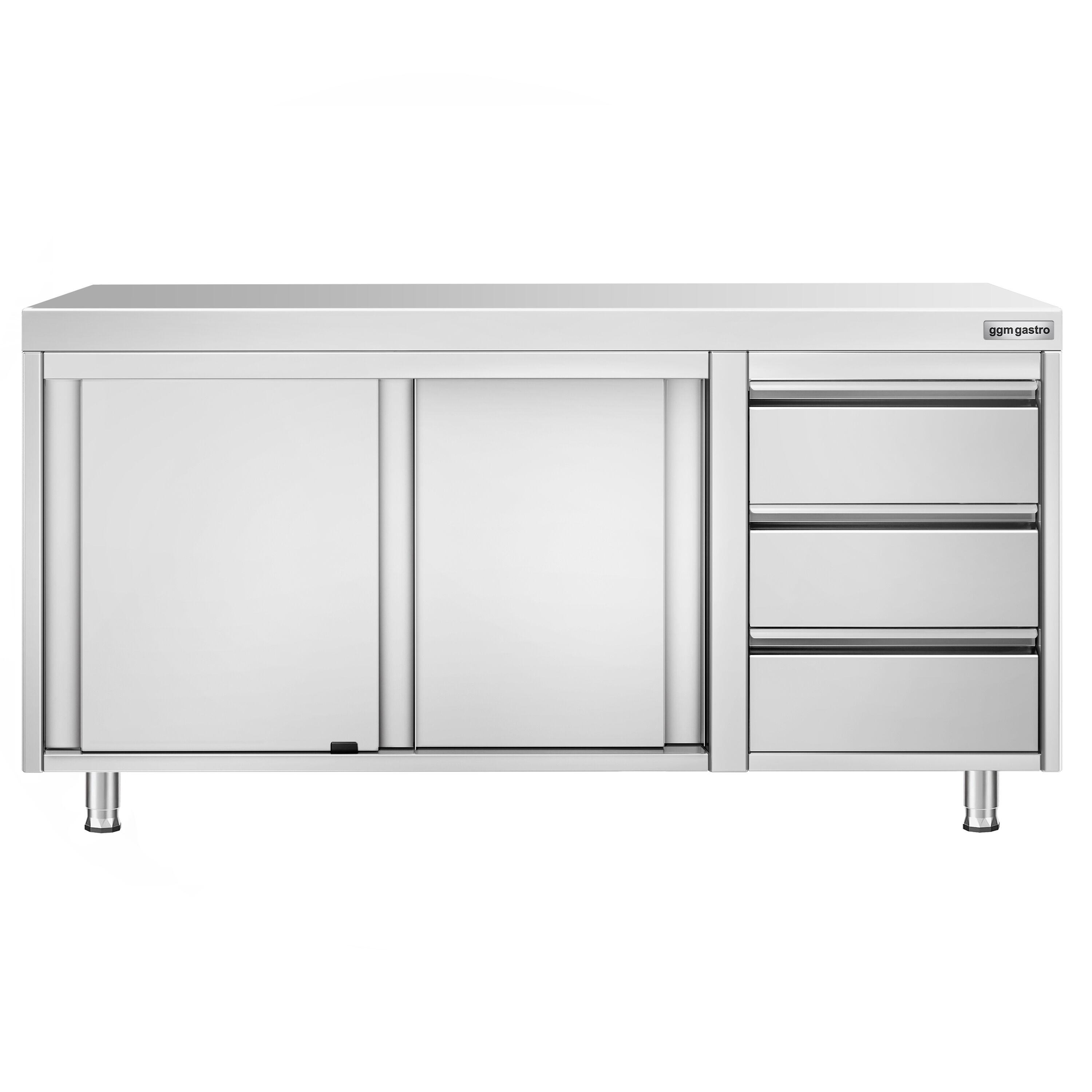 Table armoire en acier inoxydable PREMIUM - 1600x700mm - avec portes coulissantes et 3 tiroirs à droite