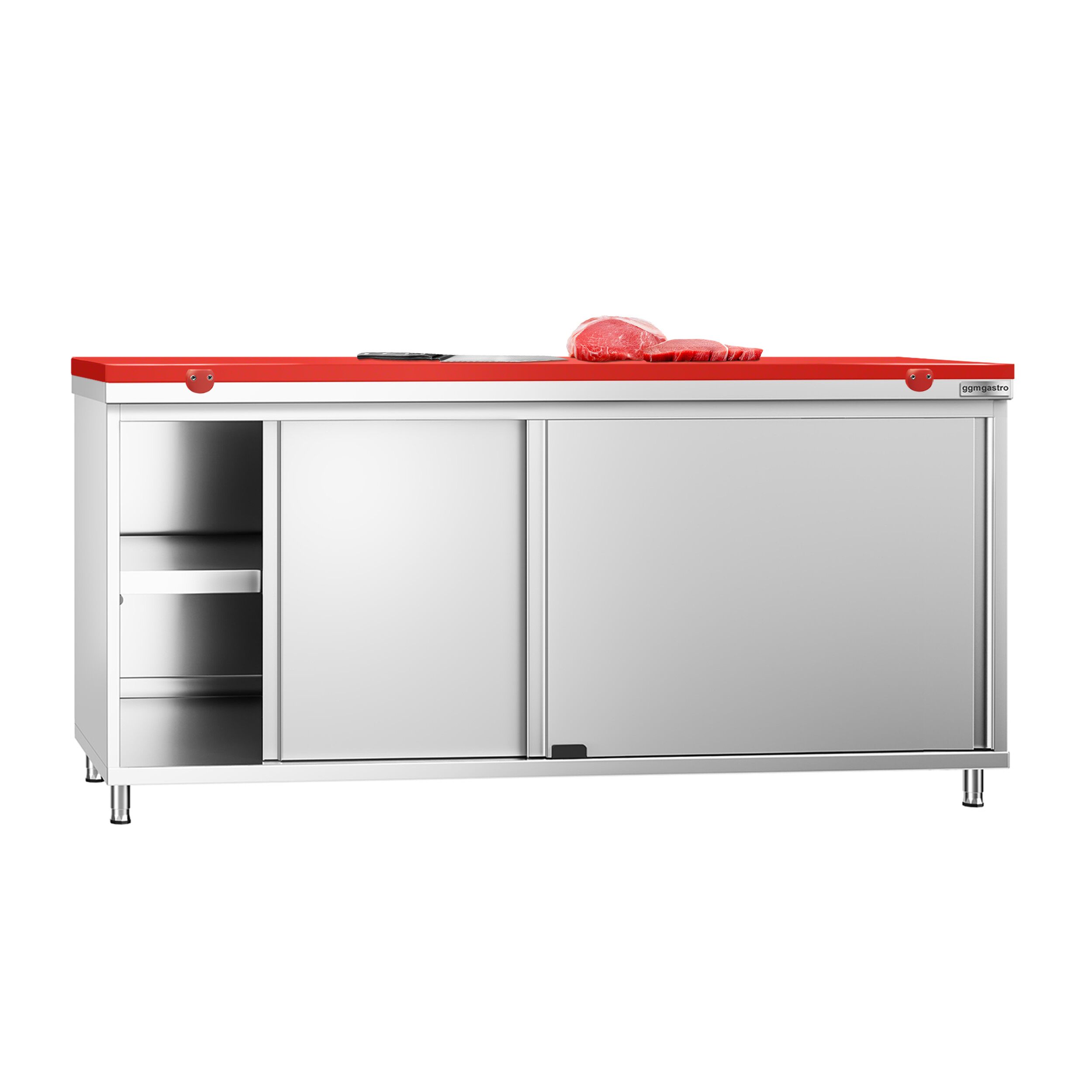 Table armoire en acier inoxydable PREMIUM - 1800x600mm - avec portes coulissantes et étagère basse - pour viande crue - incl. plateau de découpe Rouge PEHD (HACCP)