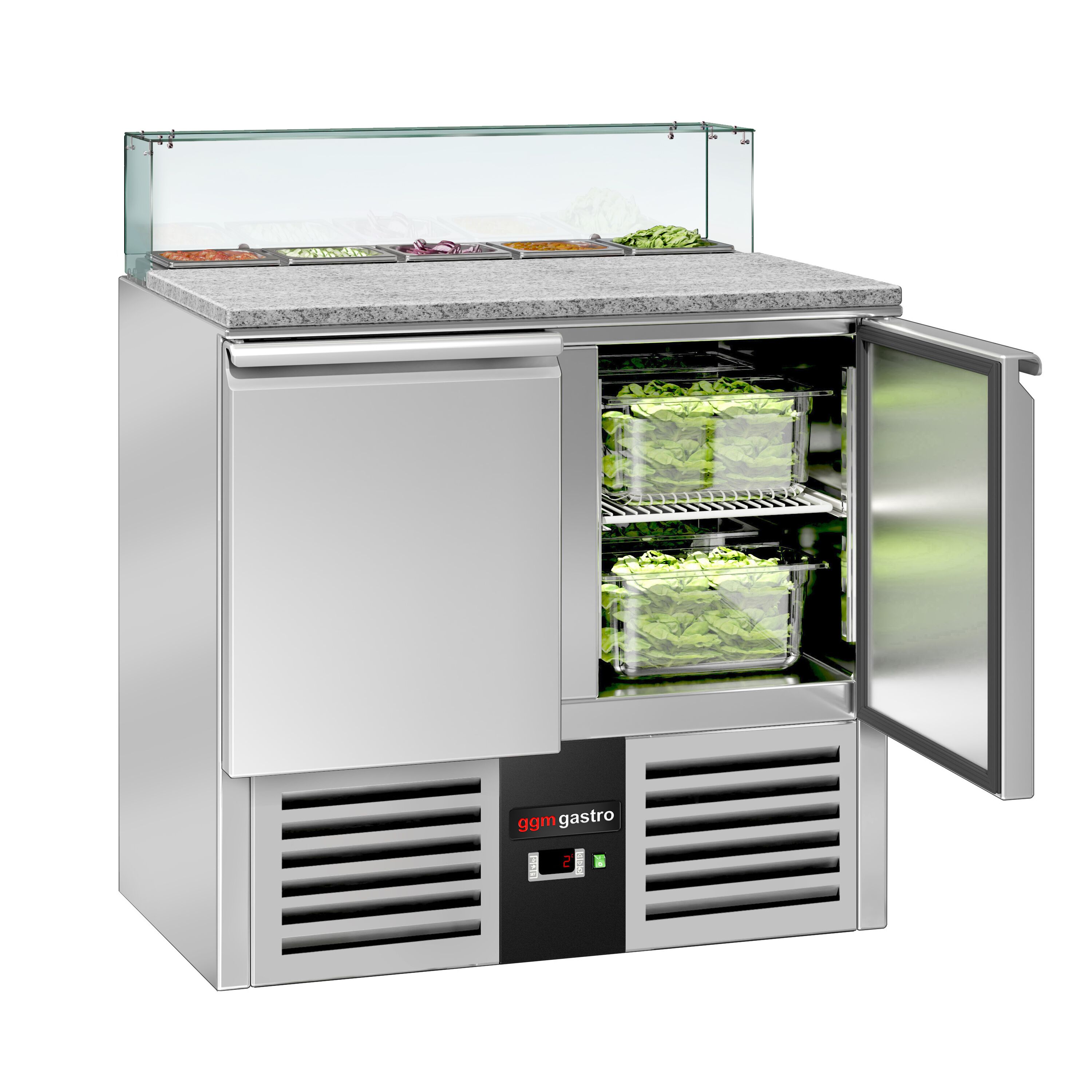 Saladette réfrigérée PREMIUM - 900mm - 240L - 2 portes - avec vitrine de comptoir pour 5x GN 1/6