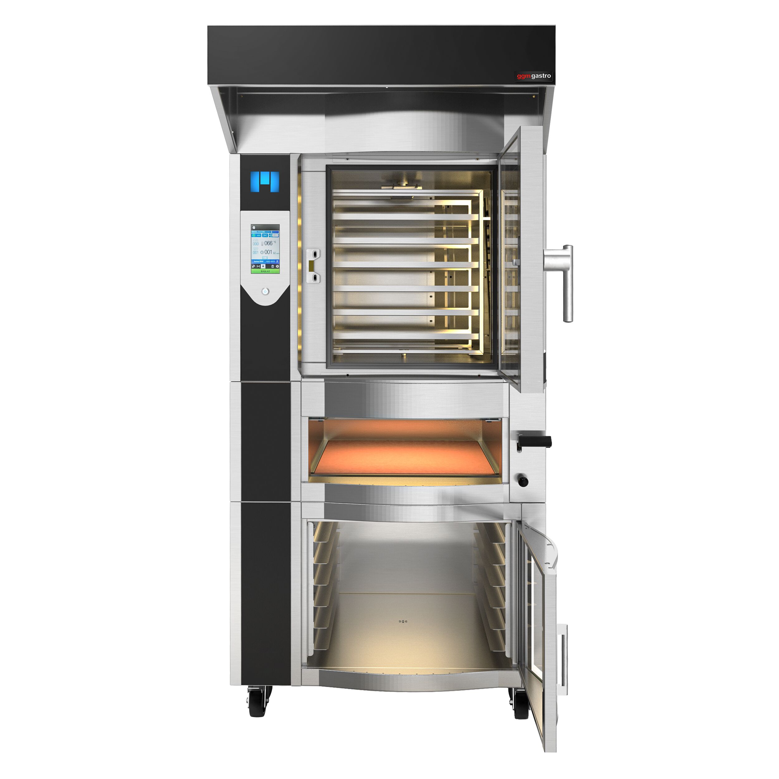 Four à chariot rotatif Électrique Four à convection avec injection d’eau - Écran tactile - 1 chambres de cuisson - 6 niveaux 600x400mm - Acier inoxydable - avec roulettes - inclus four à pizza, hotte et armoire de fermentation