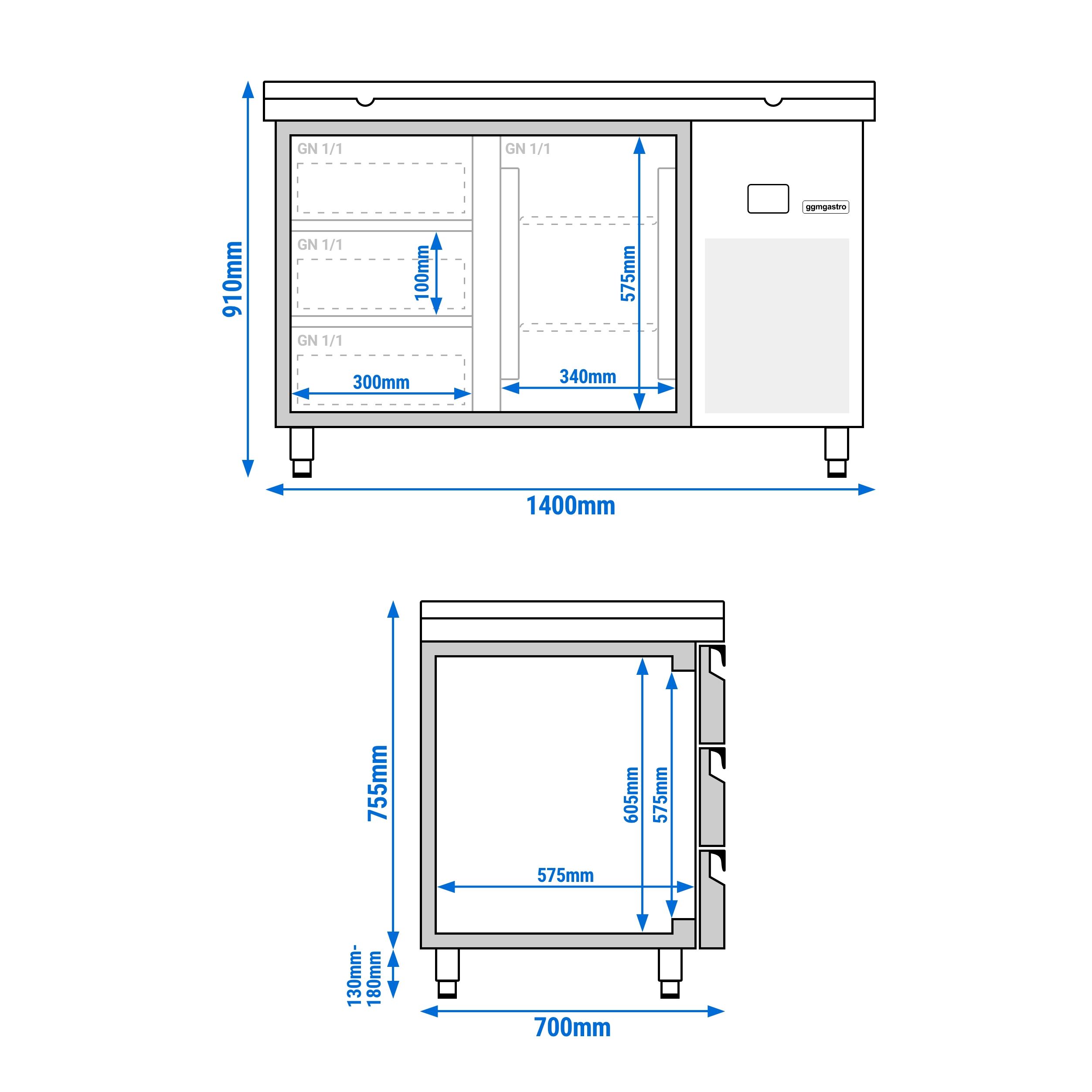 Table réfrigérée PREMIUM - 1400x700 mm - avec 1 porte - 3 tiroirs - incl. planche à découper blanche