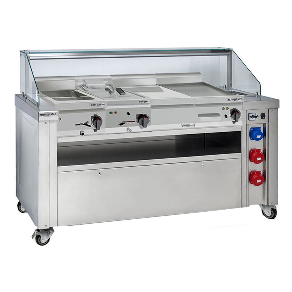 Station de cuisson mobile – 1600 × 850 mm – hauteur : 1170 mm – incl. friteuse, plaque à snacker, bain-marie & élément neutre