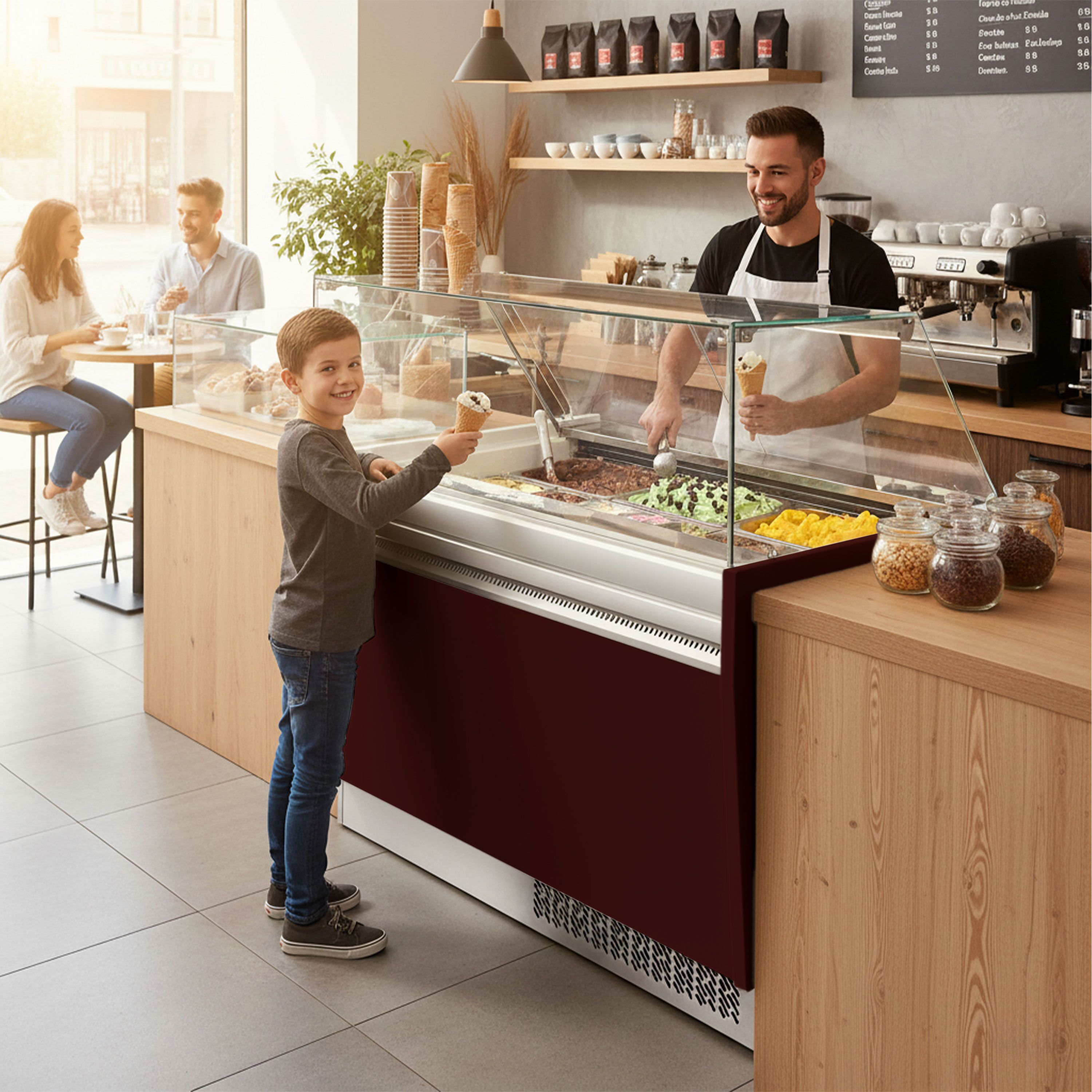 Vitrine à glace LIAM – 1310 mm – refroidissement statique – pour 10+10 bacs à glace de 5 litres – Rouge grenat