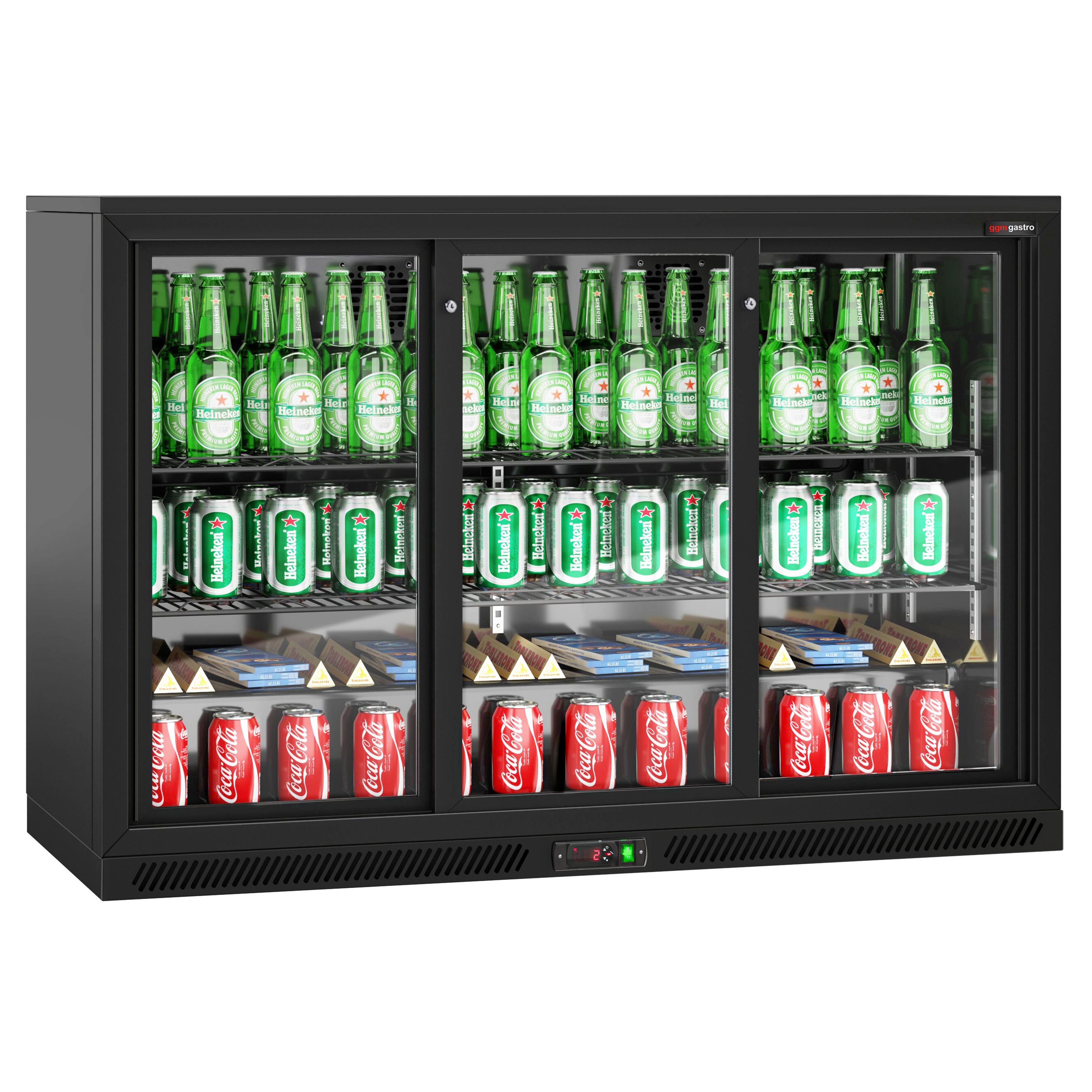 Réfrigérateur de bar – 1350 mm – 320 litres – avec 3 portes coulissantes en verre – Extérieur & intérieur Noir