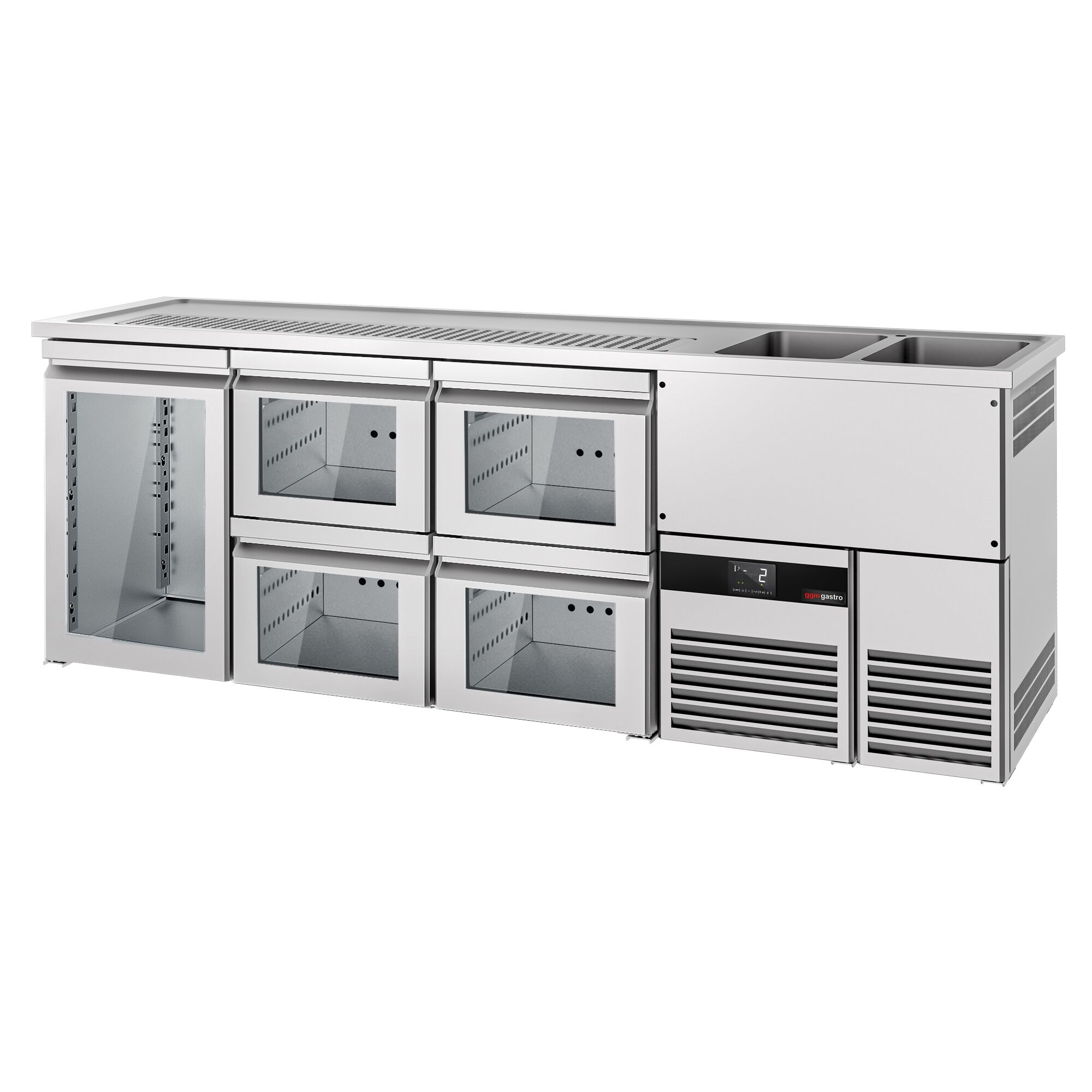 Comptoir de bar réfrigéré PREMIUM - 2500x700mm - 1 porte vitrée & 4 tiroirs en verre