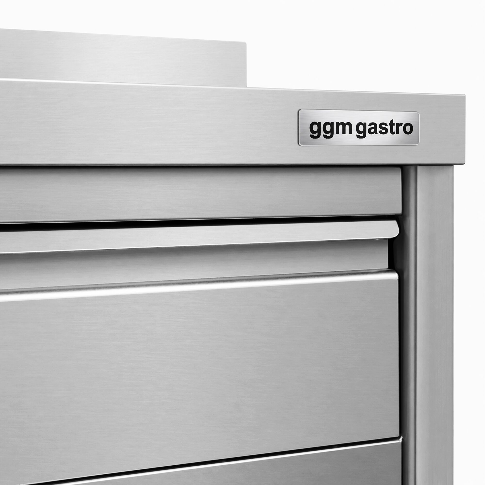 Arbetskåp i rostfritt stål PREMIUM – 1600 x 600 mm – med uppkant – med 3 lådor och skjutdörr