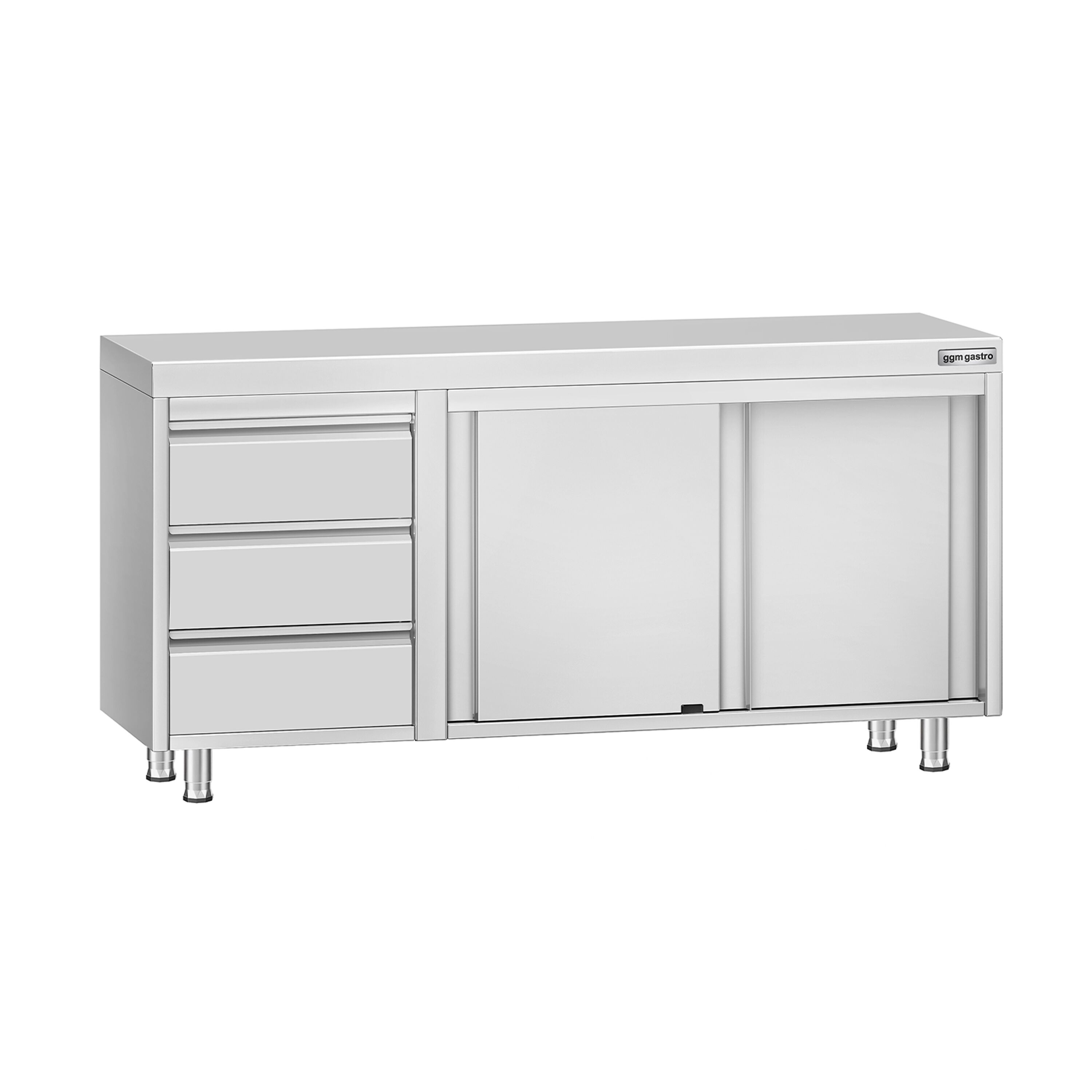 Table armoire en acier inoxydable ECO - 1600x600mm - avec 3 tiroirs à gauche et portes coulissantes et étagère basse