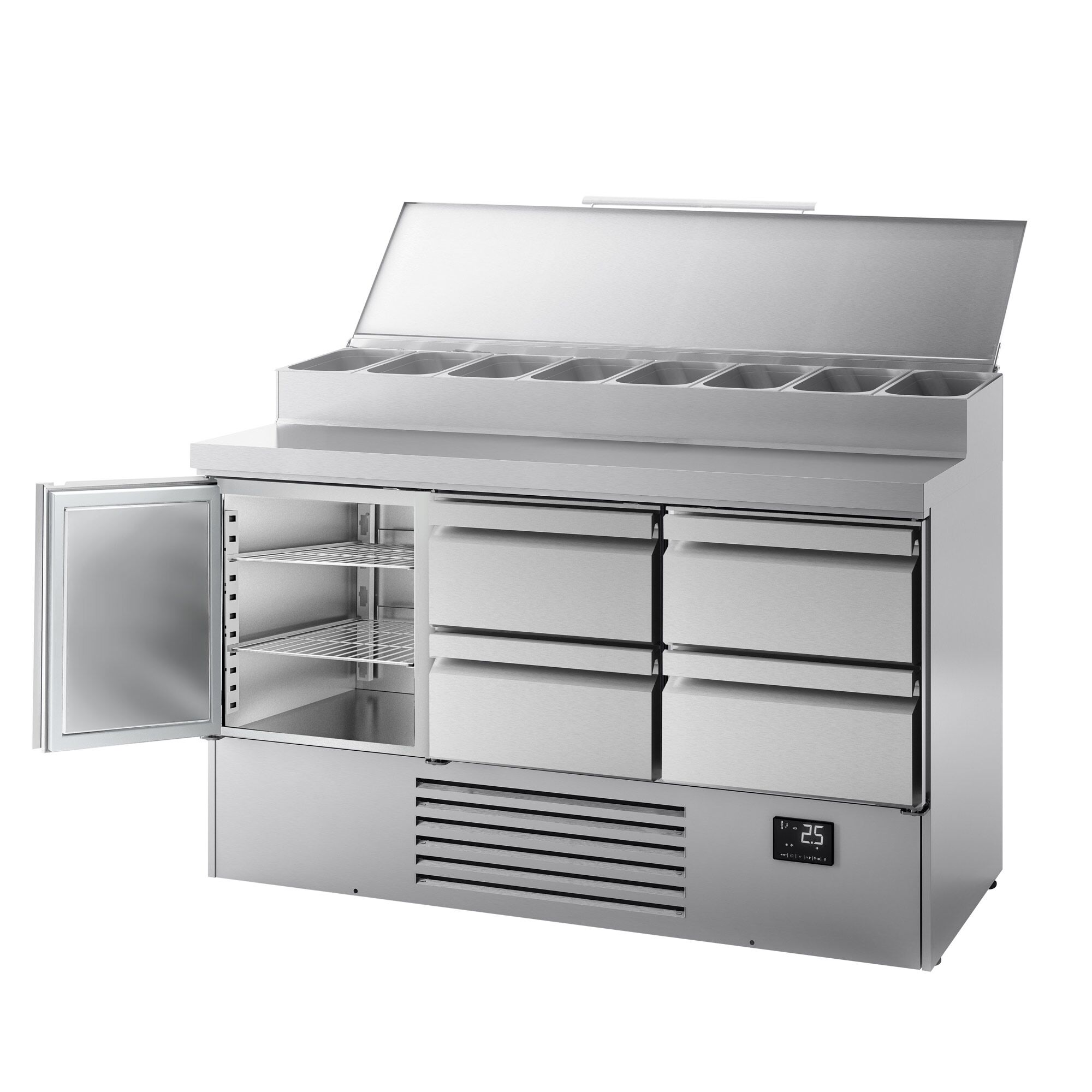 Table réfrigérée de préparation Mini - 1460 x 700 mm - avec 1 porte et 4 tiroirs - avec superstructure en inox 8 x GN 1/4