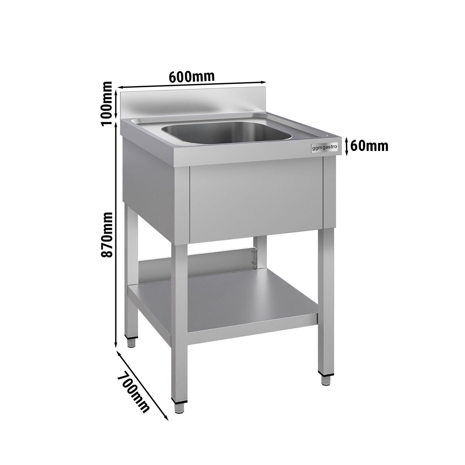 Plonge en inox ECO - 600x700mm - avec étagère basse - 1 bac au centre