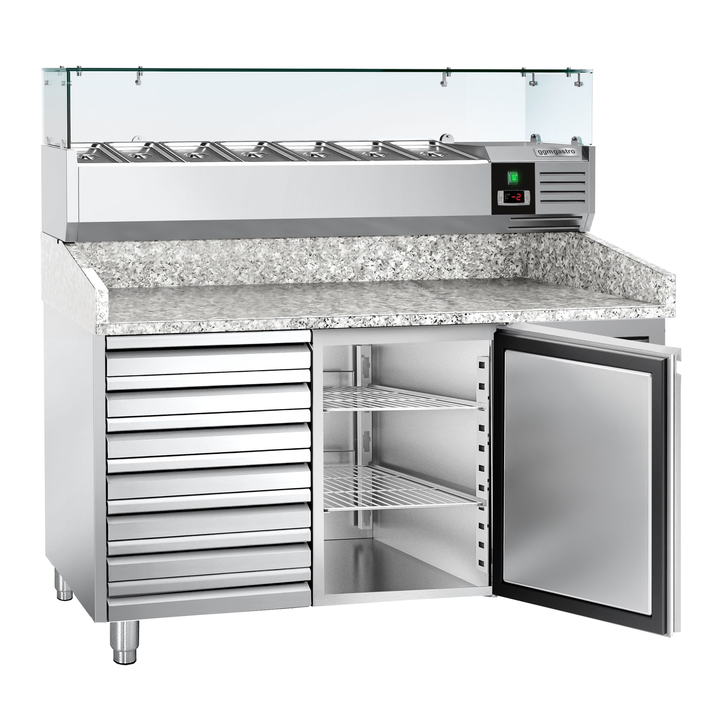 Table réfrigérée à pizza ECO - 1500 x 800 mm - avec 1 porte et 7 tiroirs - incl. vitrine réfrigérée - 7 x GN 1/4