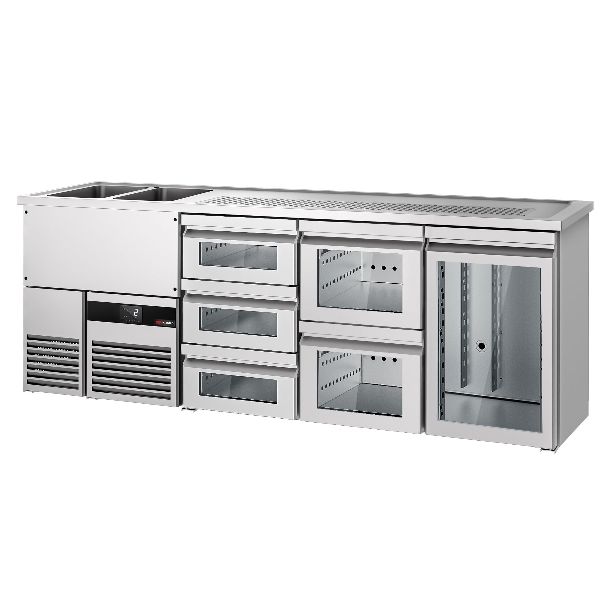 Comptoir de bar réfrigéré PREMIUM - 2500x700mm - 1 porte vitrée & 5 tiroirs en verre