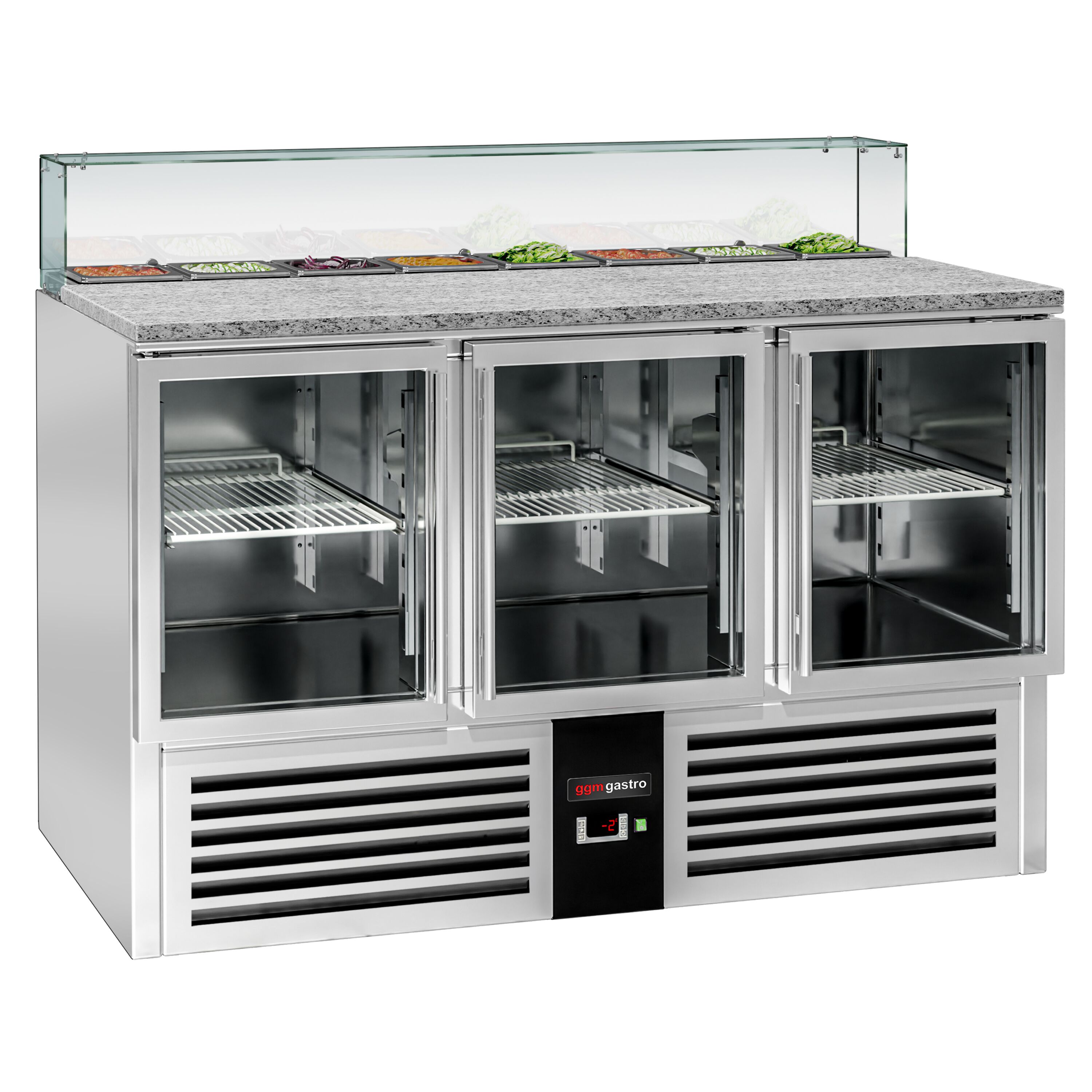 Saladette réfrigérée PREMIUM - 1368mm - 368L - 3 portes vitrées - avec vitrine de comptoir pour 8x GN 1/6