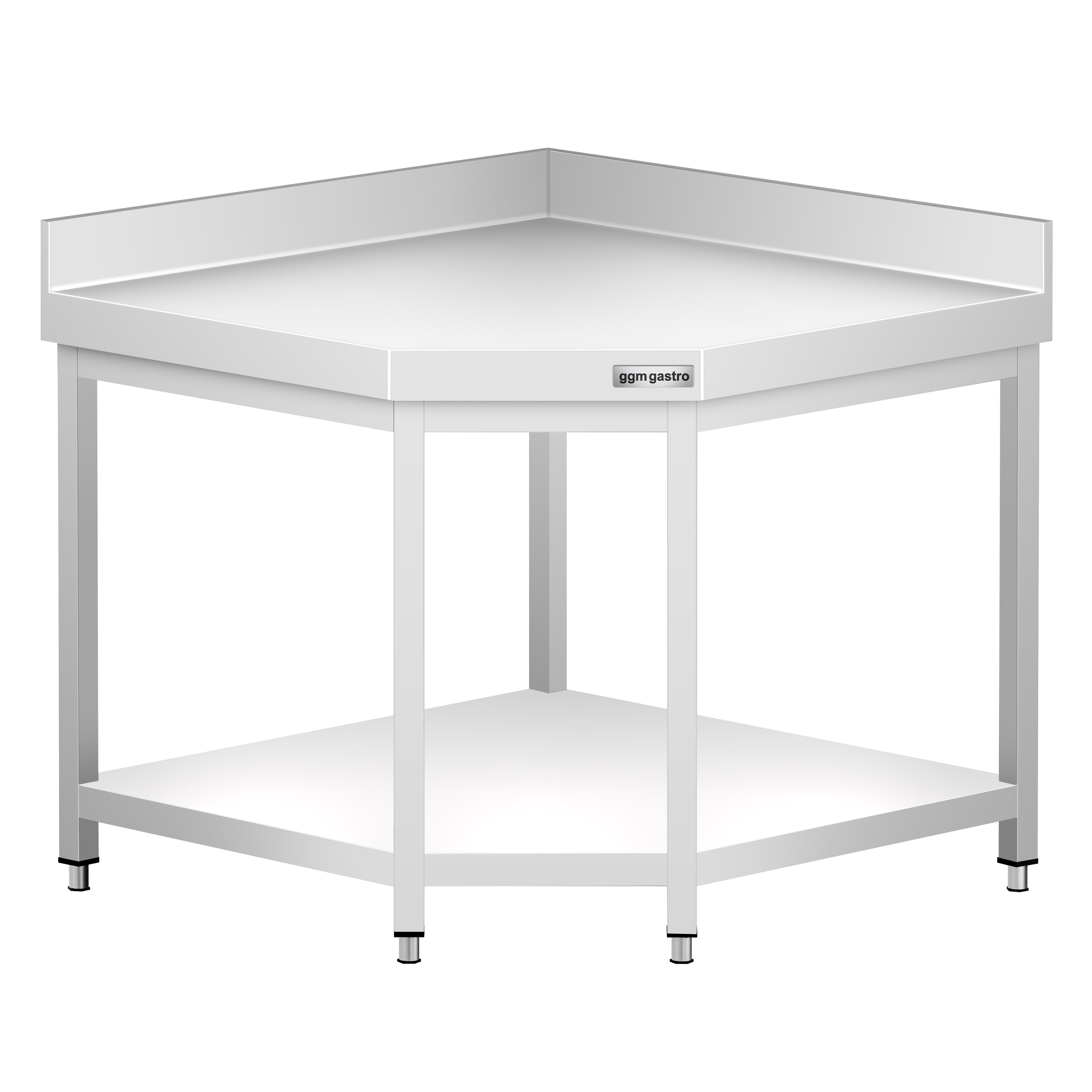 Table de travail en inox d’angle PREMIUM - 1000x700mm - avec étagère basse + dosseret arrière