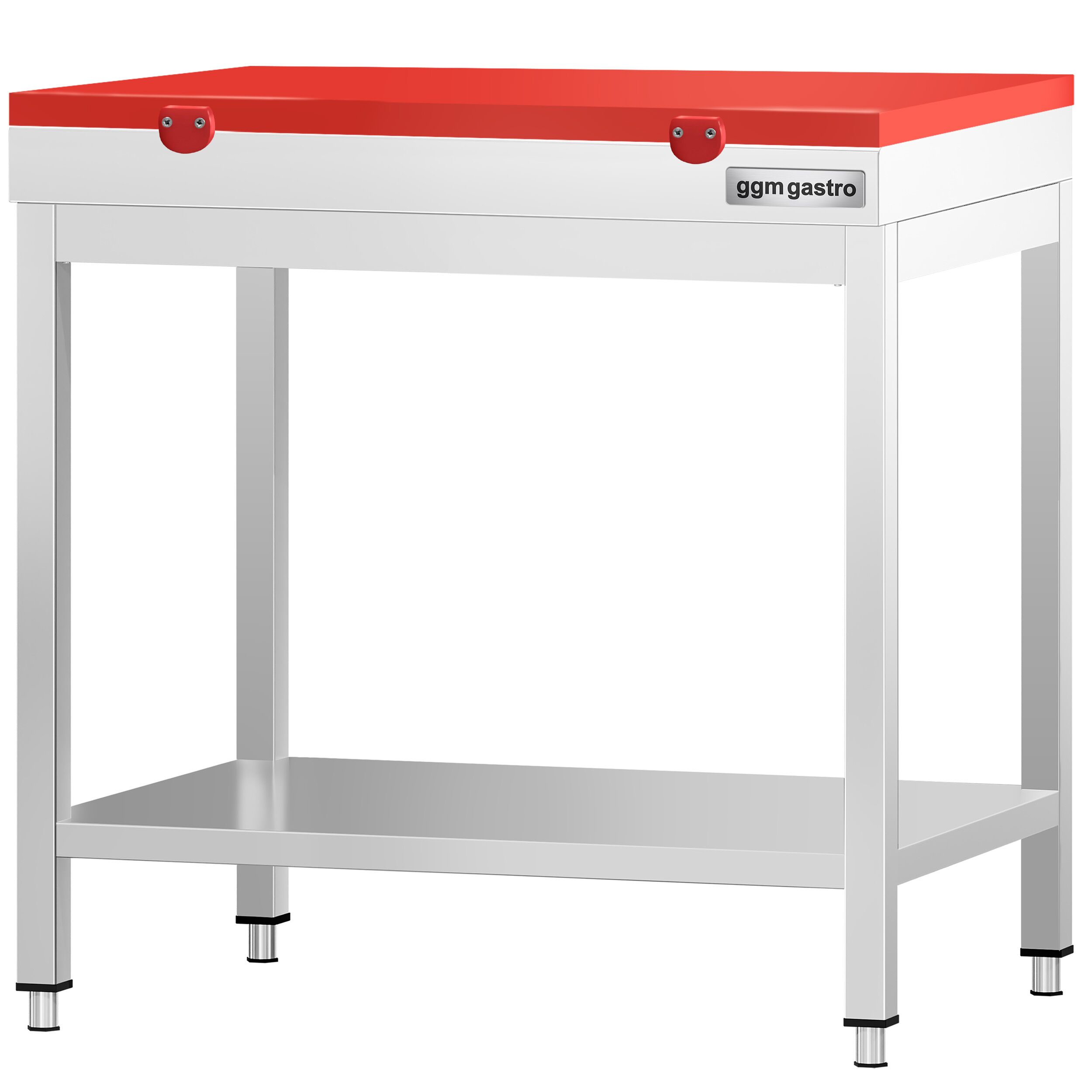 Stół roboczy centralny ze stali nierdzewnej PREMIUM - 600x700mm - z półką - z deską do krojenia Czerwony