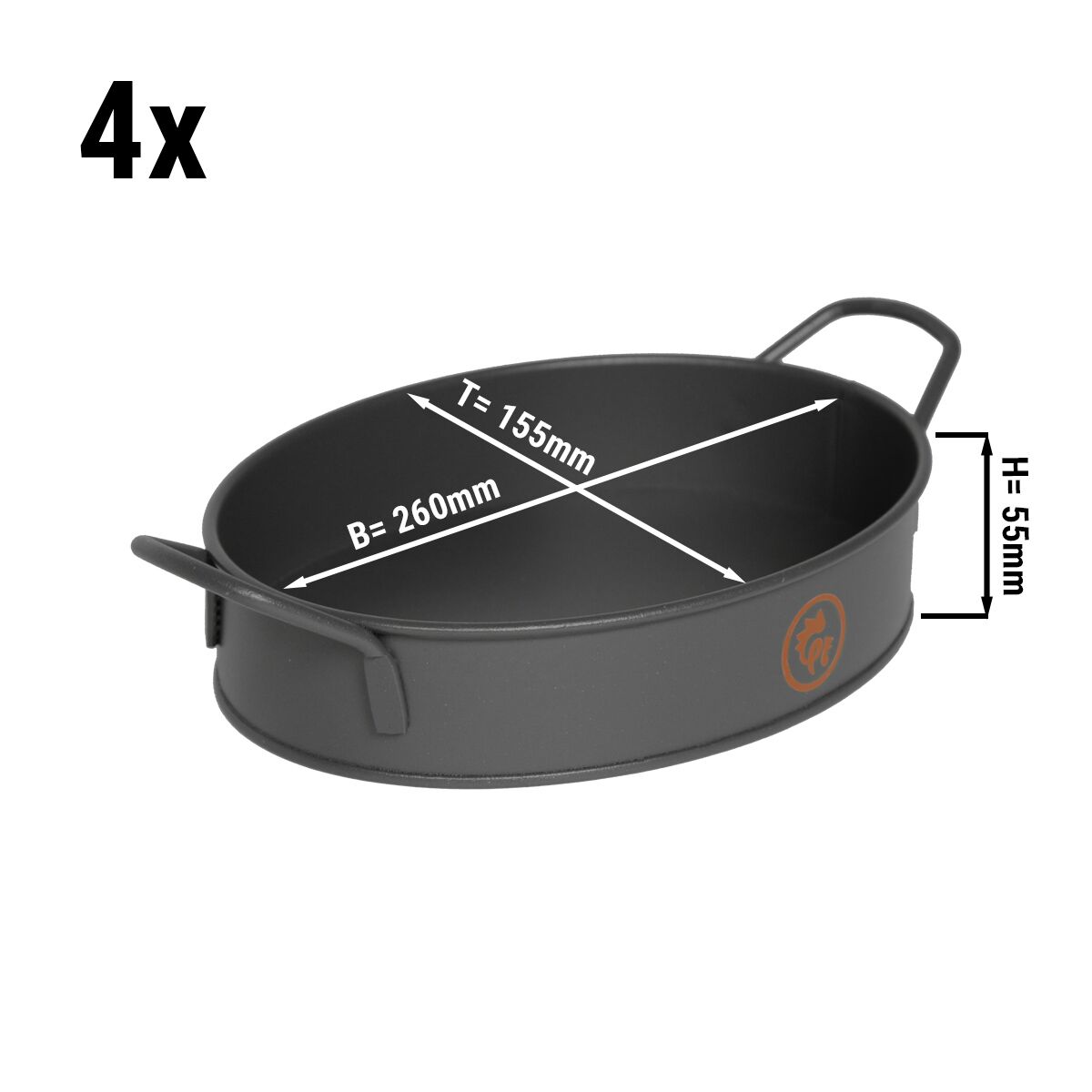 (4 stuks) Serveermandje / presentatiemandje - met 2 handgrepen - 260x155x55mm - grijs