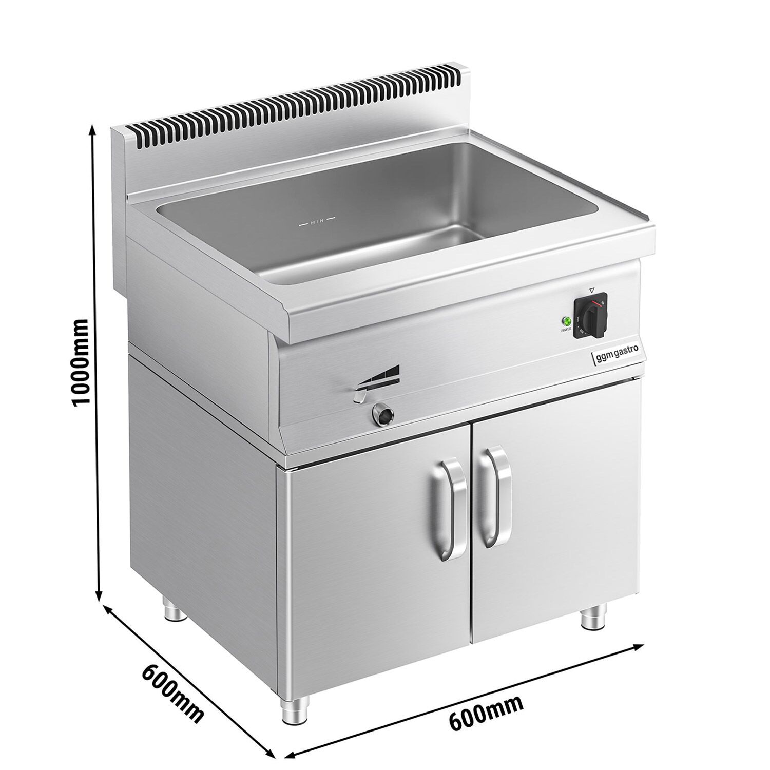 Bain-marie électrique – 2,4 kW – 2 × GN 1/1 ou 4 × GN 1/2 – avec soubassement incluant 2 portes