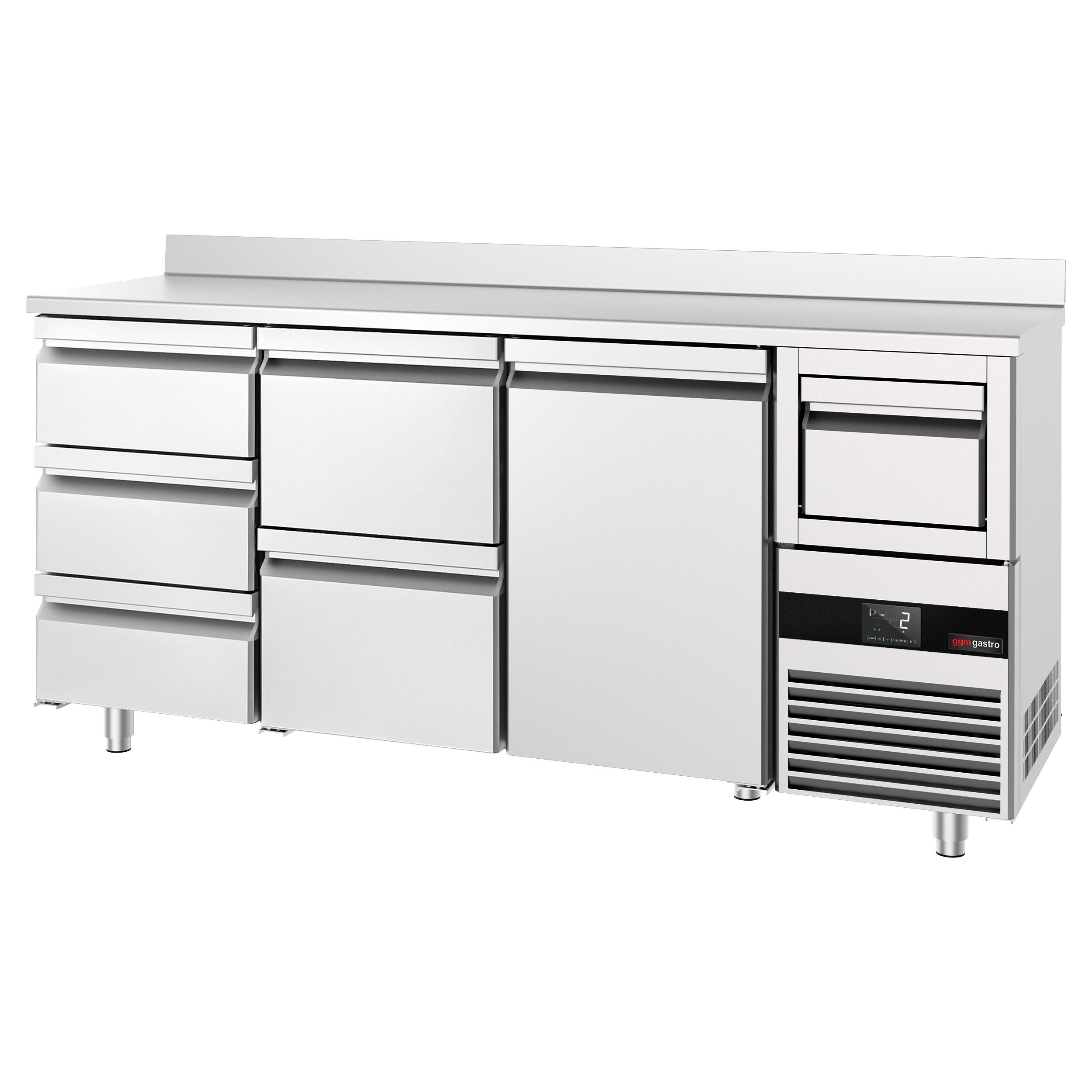 Arrière-bar réfrigéré professionnel PREMIUM - 2130 x 600 mm - avec 1 porte et 5 tiroirs - avec dosseret - avec tiroir à marc de café