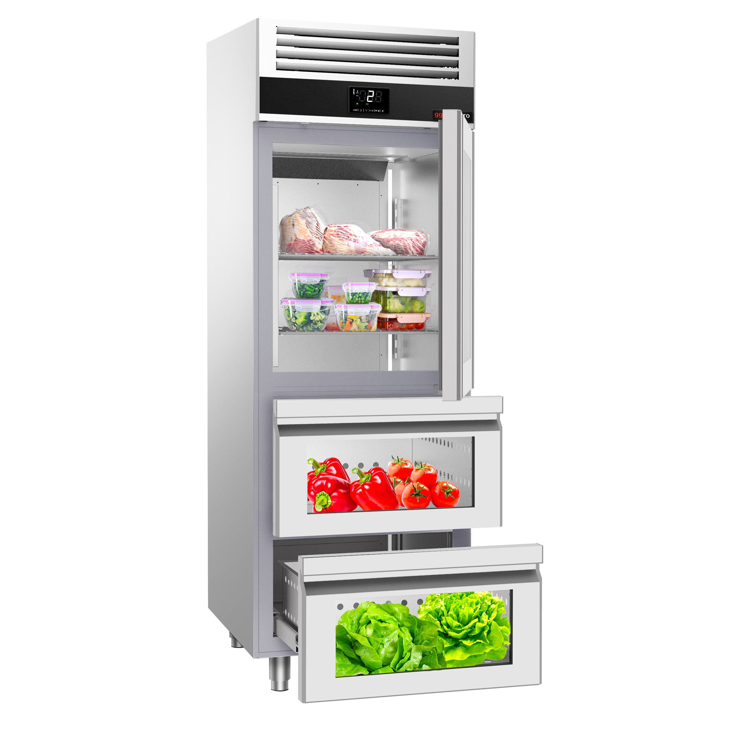 Armoire réfrigérée vitrée positive Inox AISI 304 PREMIUM - GN 2/1 - 700 L - avec 1 porte vitrée & 2 tiroirs & Glissières GN & 2 grilles GN 2/1