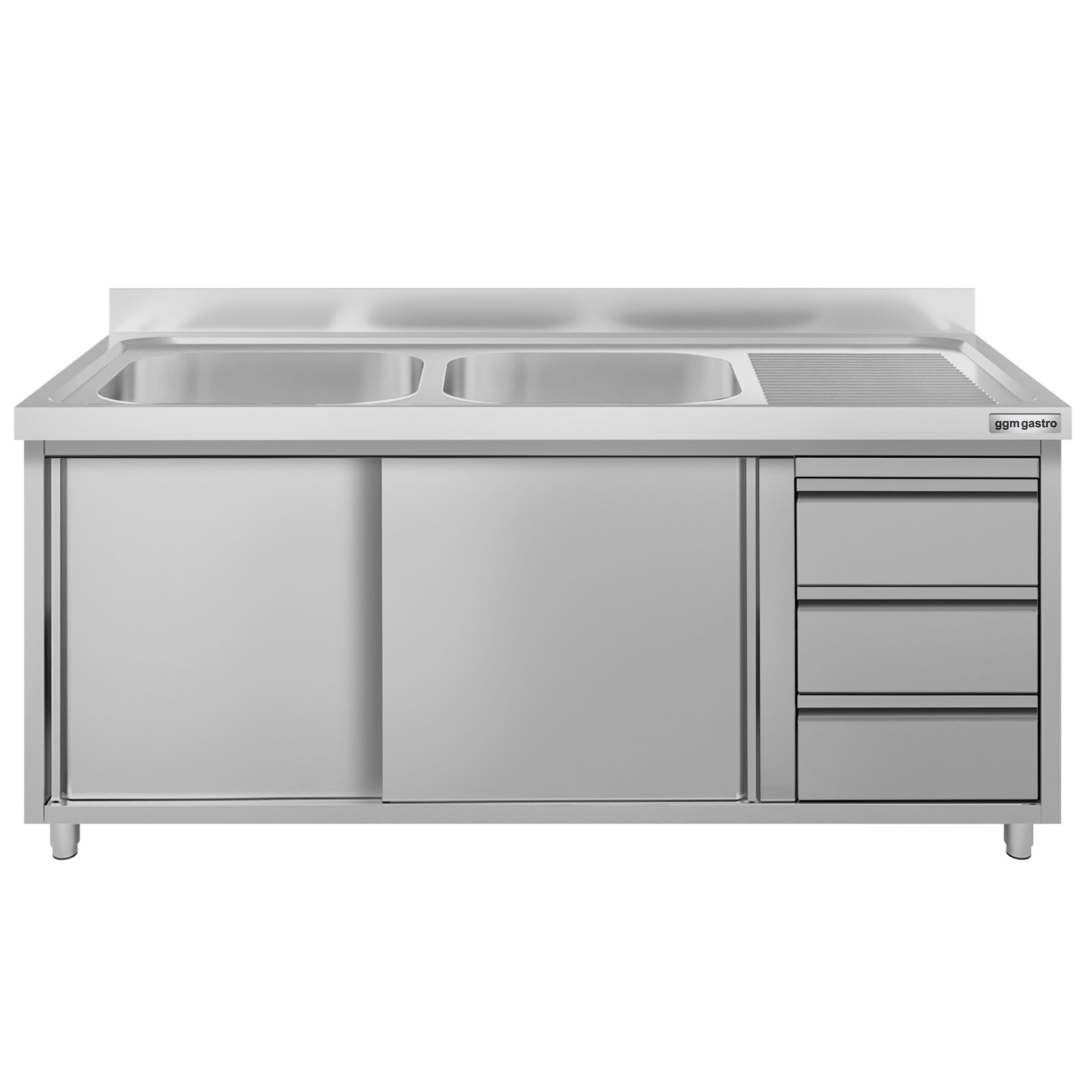 Meuble évier ECO - 1600 x 600 mm - avec 3 tiroirs & 2 bacs à gauche