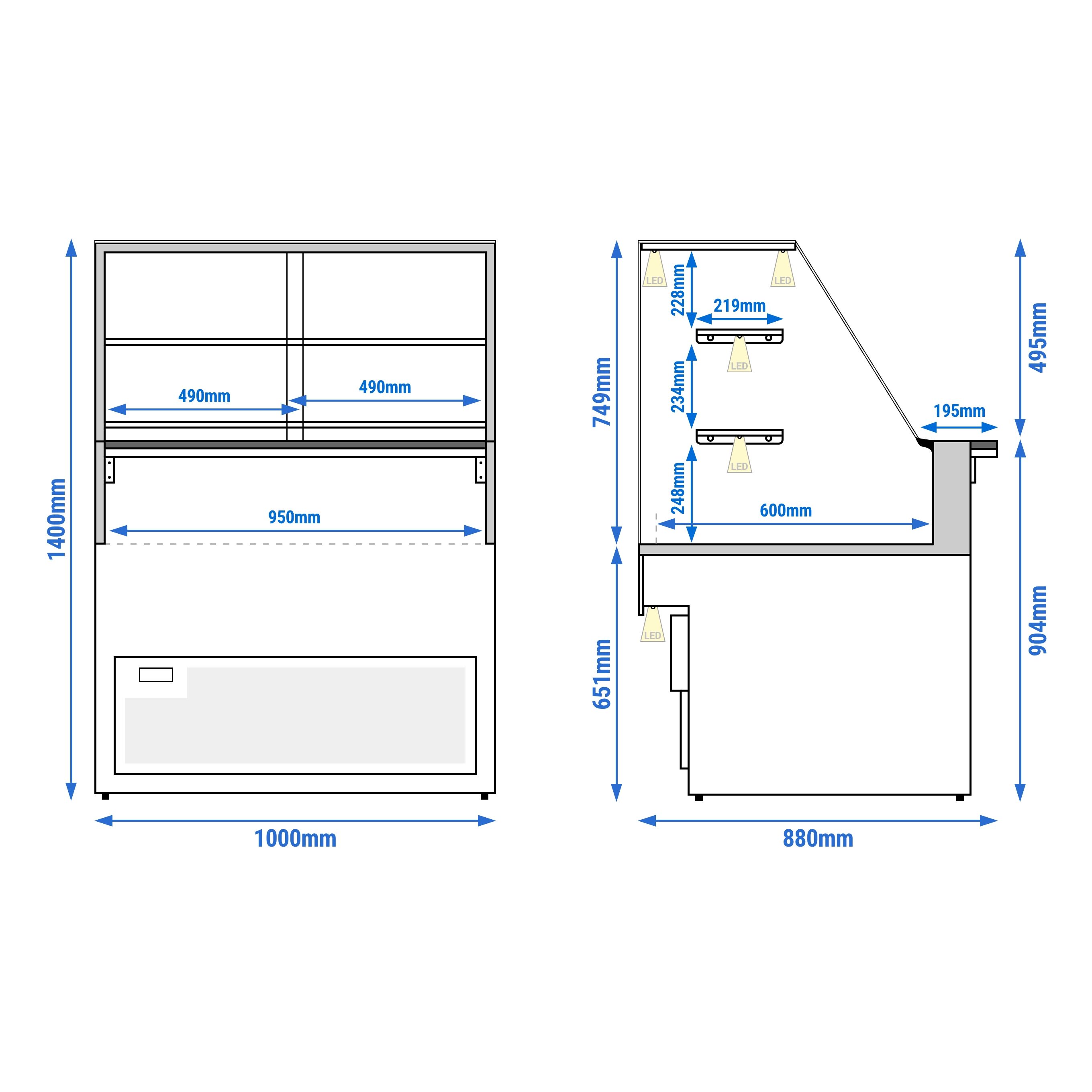 Comptoir réfrigéré TORONTO – 1000 mm – double vitrage – façade en bois – 2 étagères – plan de travail en granit Noir