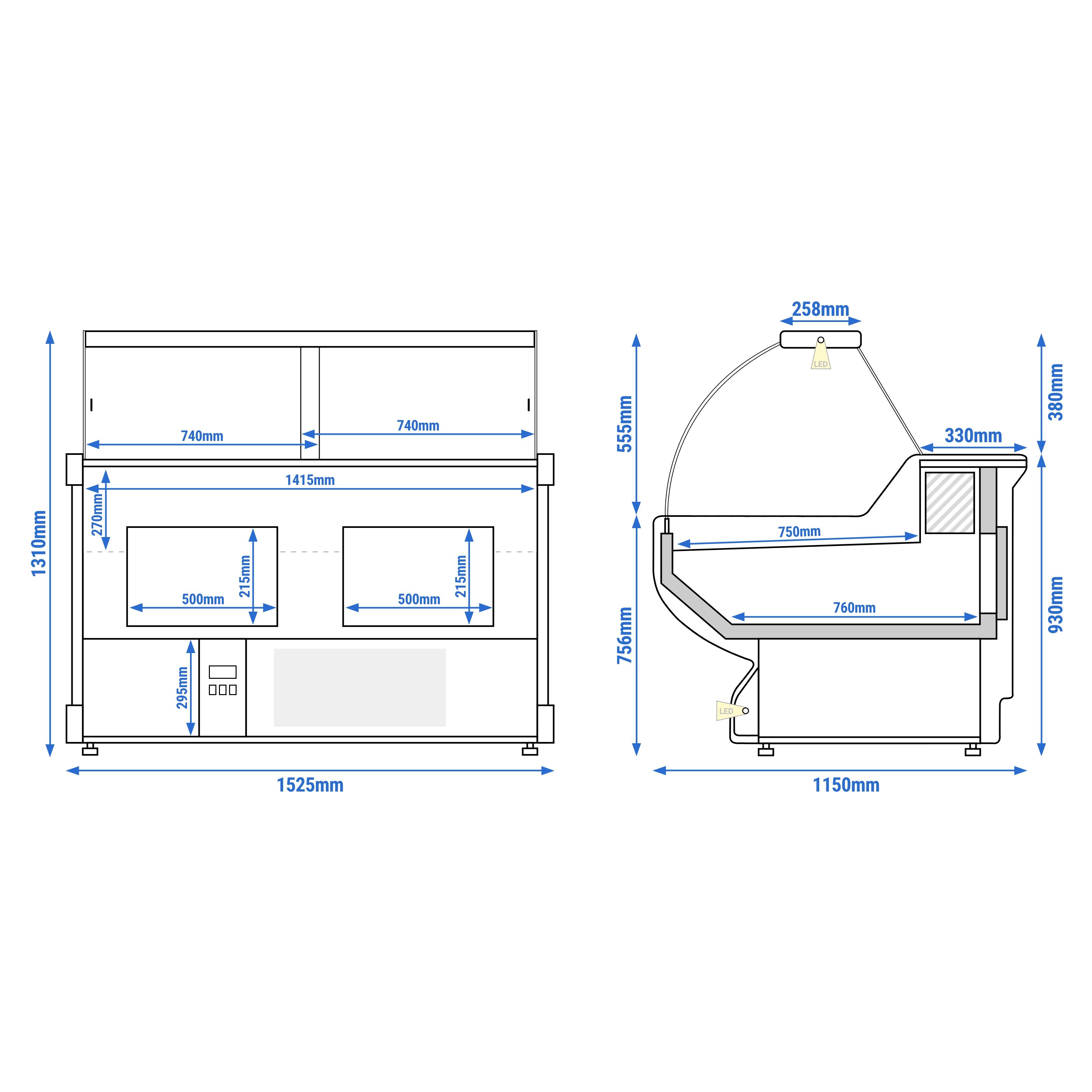 Comptoir vitrine réfrigérée - 1525x1150mm - vitre bombée - Éclairage - Façade jaune - +1/+10°C
