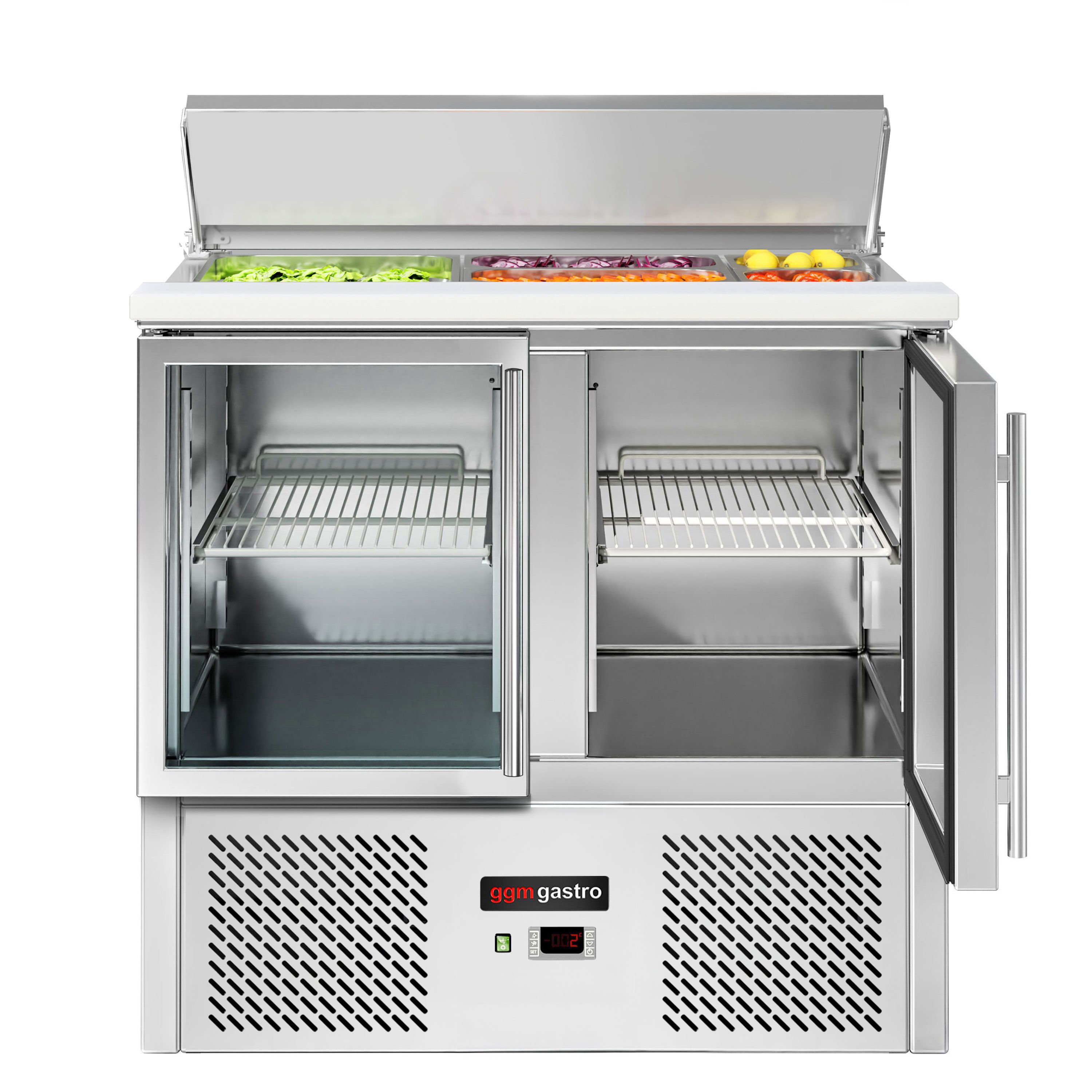 Saladette réfrigérée ECO - 903mm - 240L - 2 portes vitrées - avec découpe pour 2x GN 1/1 & 3x GN 1/6 & Couvercle inox