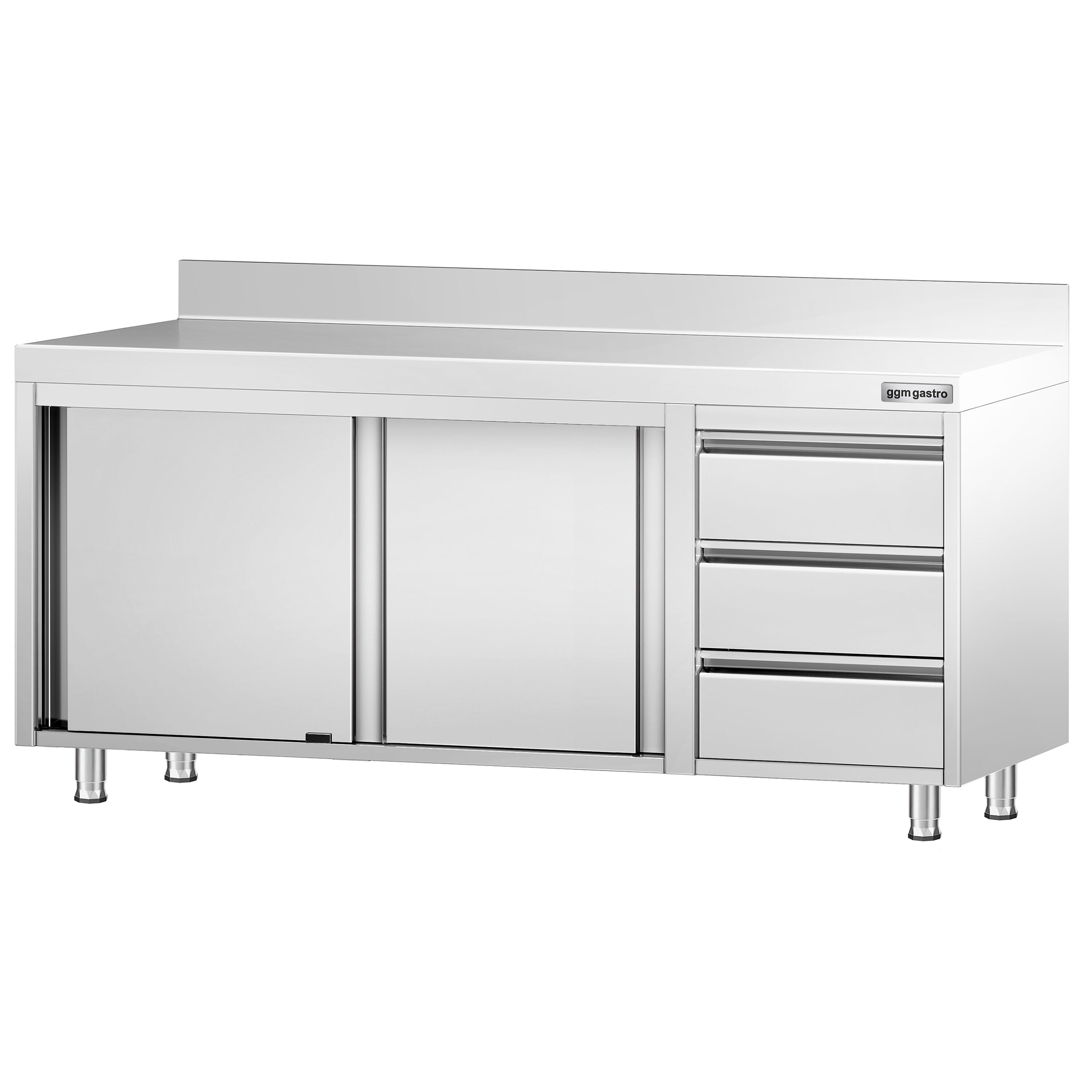 Table armoire en acier inoxydable PREMIUM - 2000x700mm - avec 3 tiroirs à droite et portes coulissantes - avec dosseret