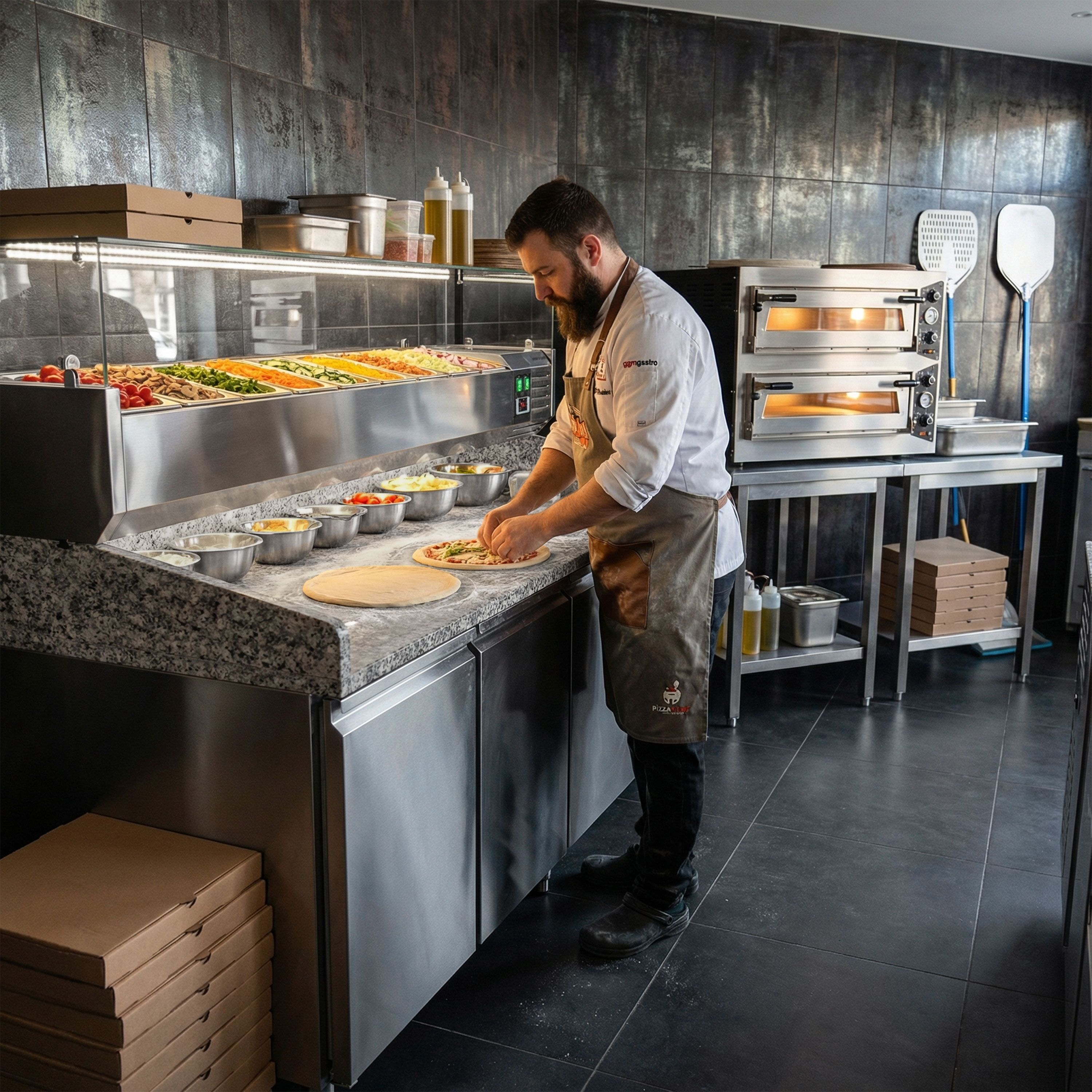 Table réfrigérée pour pizza PREMIUM - 2000 x 800 mm - avec 3 portes - incl. vitrine réfrigérée avec LED - 10 x GN 1/4