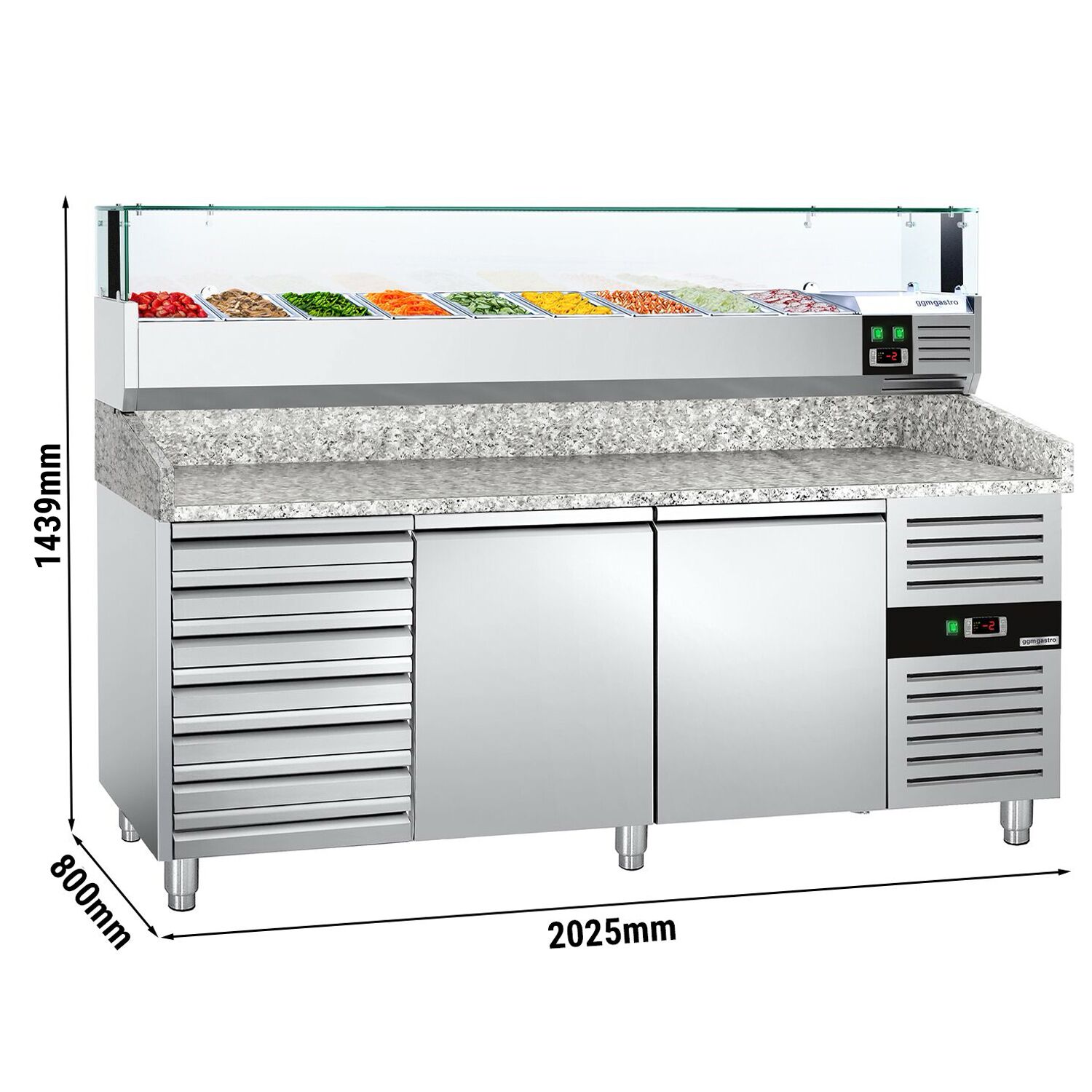 Table réfrigérée pour pizza PREMIUM - 2000 x 800 mm - avec 2 portes & 7 tiroirs - incl. vitrine réfrigérée avec LED - 9 x GN 1/3