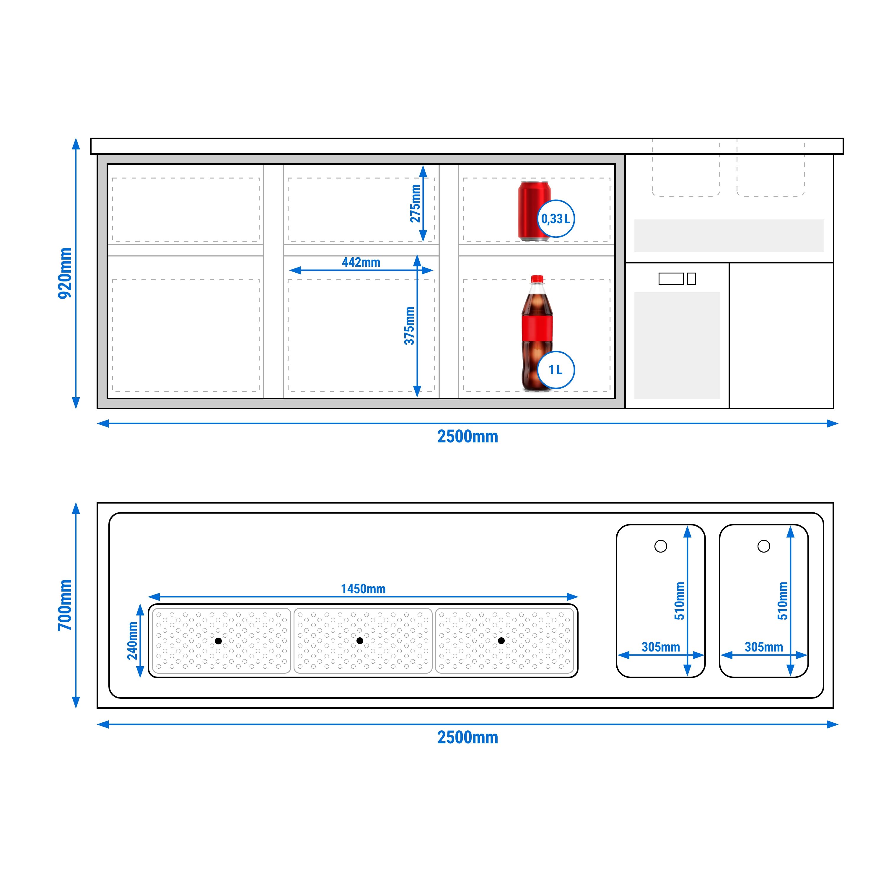 Comptoir de bar réfrigéré PREMIUM PLUS - 2500x700mm - 6 tiroirs