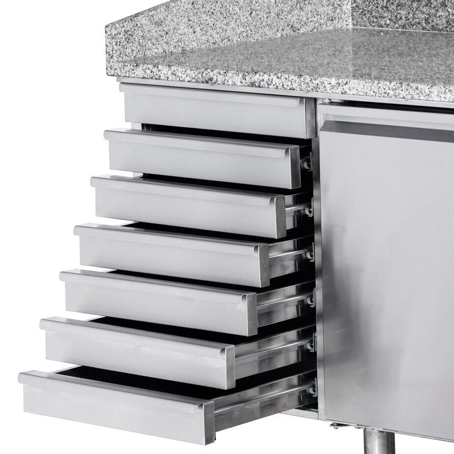 Table réfrigérée pour pizza PREMIUM - 1500 x 800 mm - avec 1 porte & 7 tiroirs - incl. vitrine réfrigérée avec LED - 5 x GN 1/3 + 1 x GN 1/2