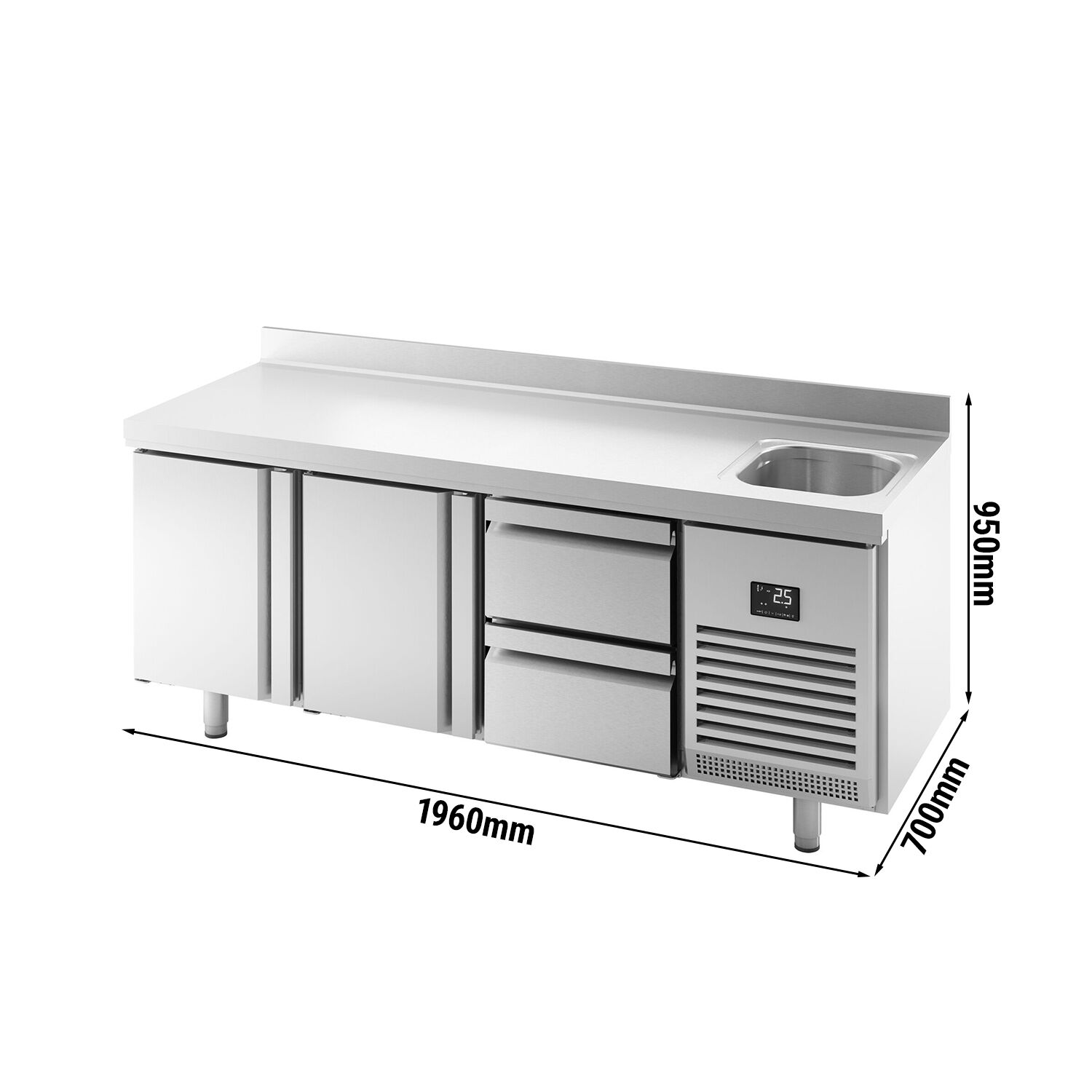 Table réfrigérée Premium PLUS - 1960 x 700 mm - avec 1 bac, 2 portes, 2 tiroirs - dosseret