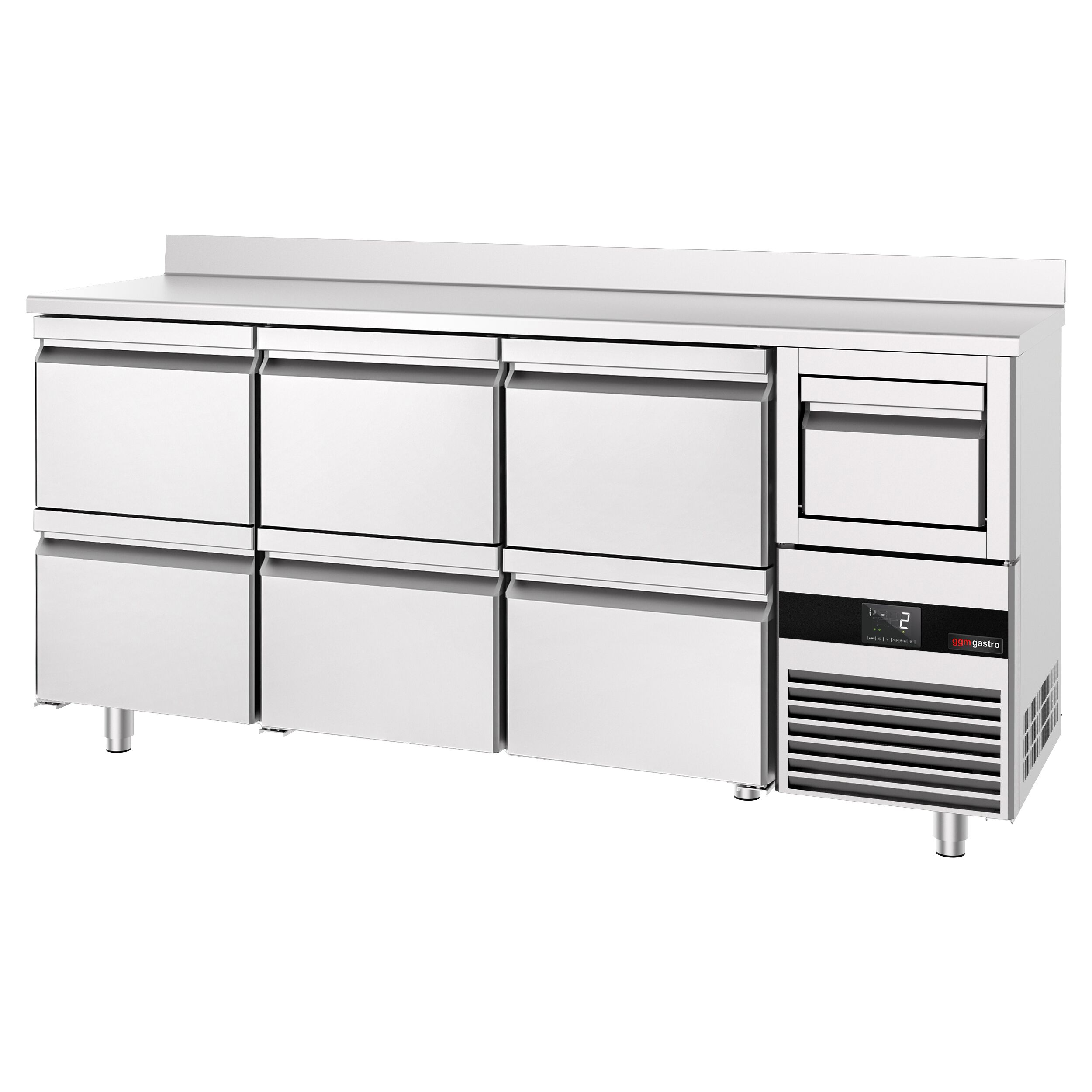 Barkylbänk PREMIUM - 2135x600 mm - 570 liter - 6 lådor GN 1/2, stänkkant & utklopp för kaffe