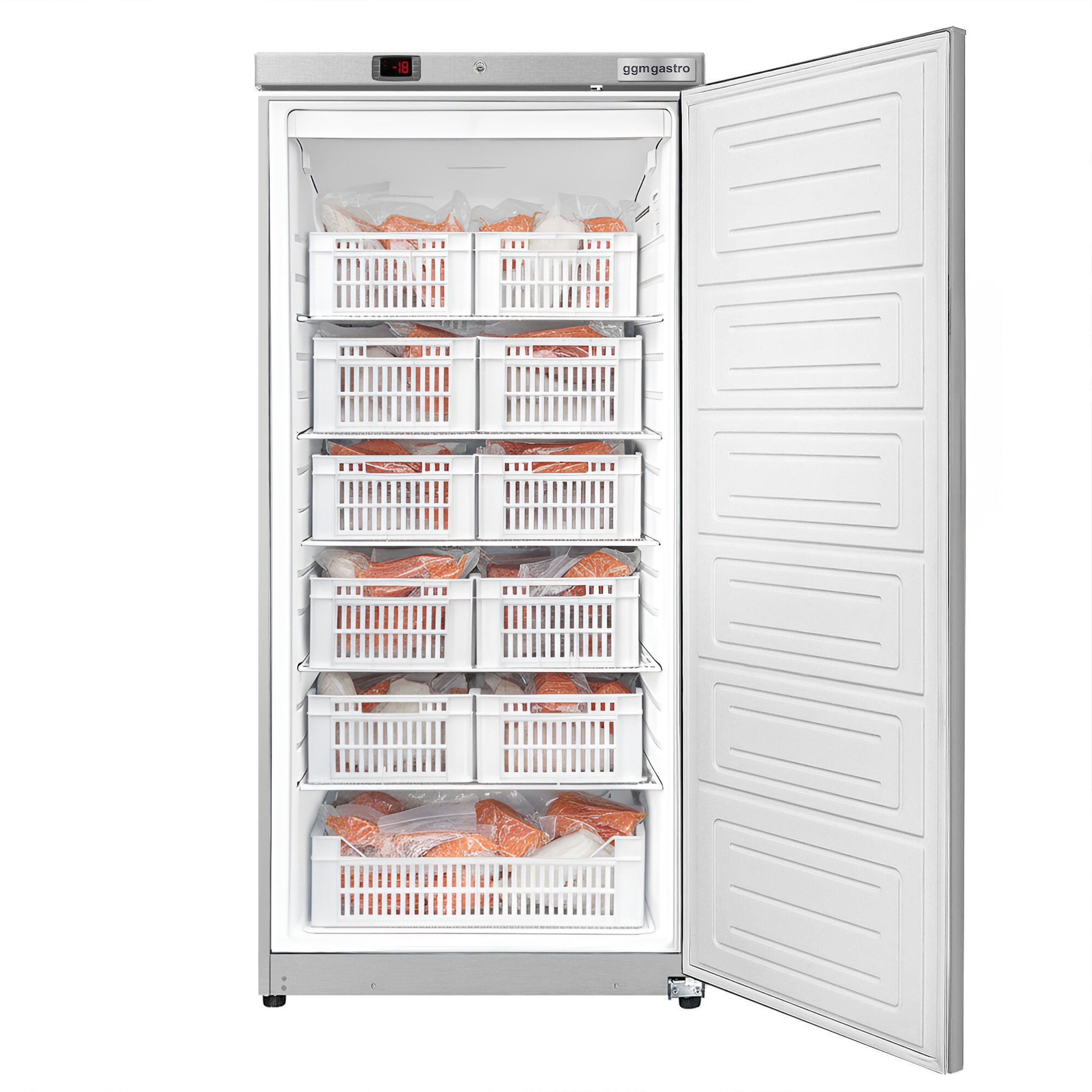 Congélateur de stockage inox ECO – 600 litres – avec 1 porte et 11 paniers – intérieur de la porte en plastique