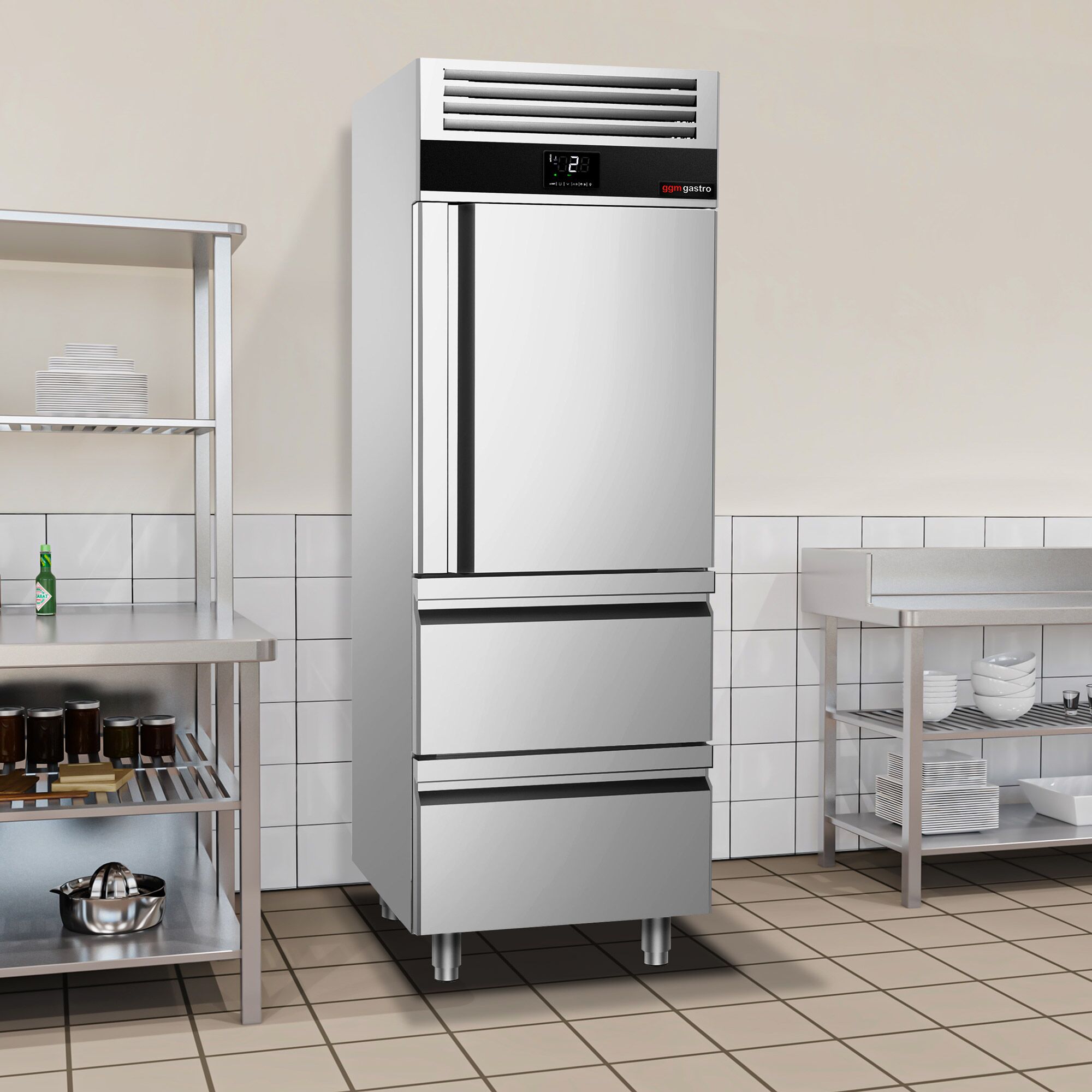 Armoire réfrigérée positive Inox AISI 304 PREMIUM - GN 2/1 - 700 L - avec 1 porte & 2 tiroirs